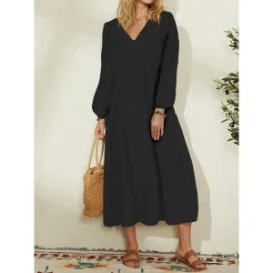 Spring Dress Women's Fashion Cotton Linen Loose Lantern Sleeve Dress