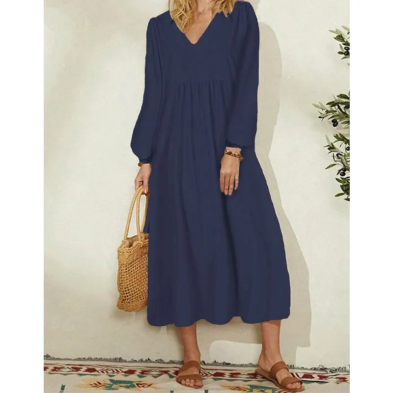 Spring Dress Women's Fashion Cotton Linen Loose Lantern Sleeve Dress