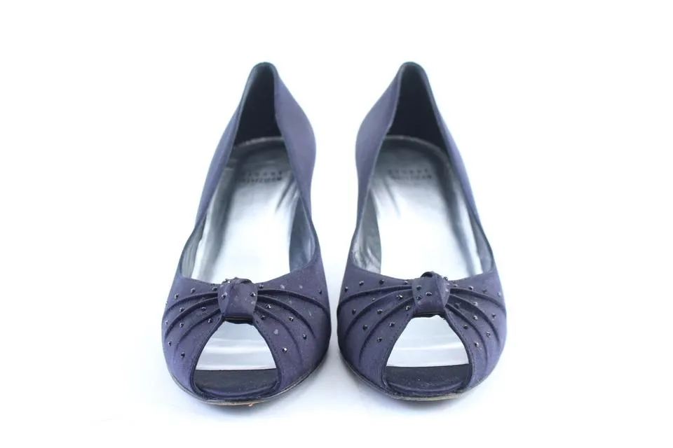 Stuart Weitzman Navy Satin Knot Twist Kitten Open Toe Heel3MR0222