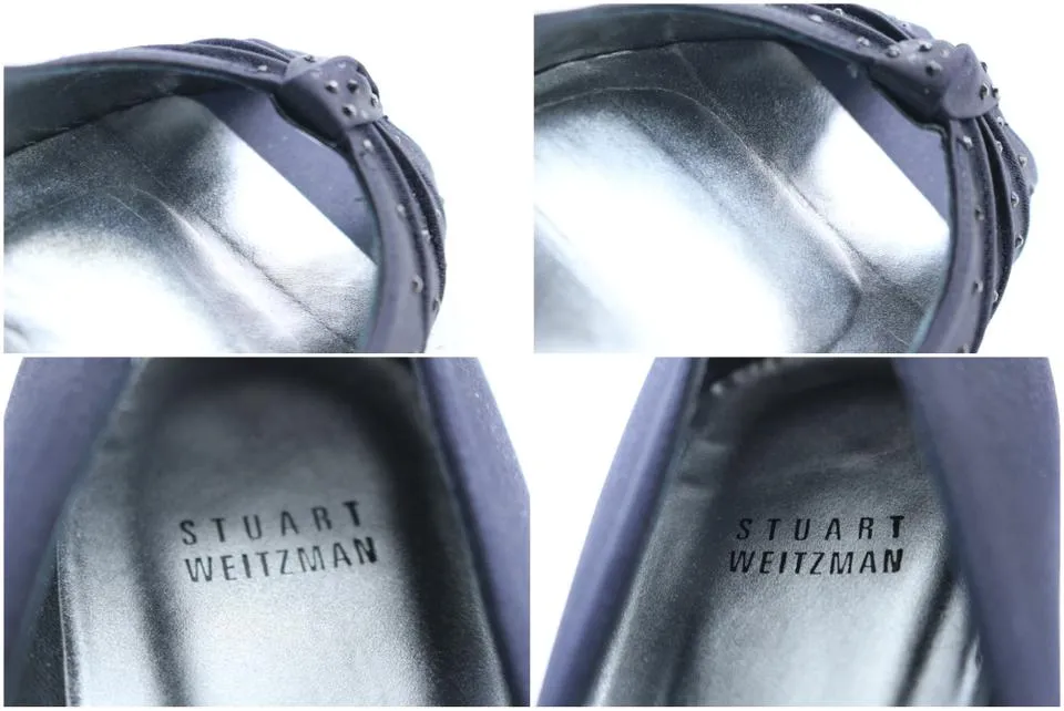 Stuart Weitzman Navy Satin Knot Twist Kitten Open Toe Heel3MR0222