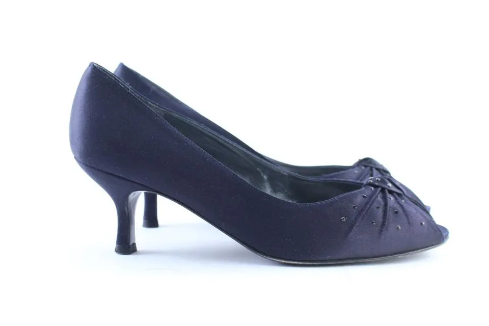 Stuart Weitzman Navy Satin Knot Twist Kitten Open Toe Heel3MR0222