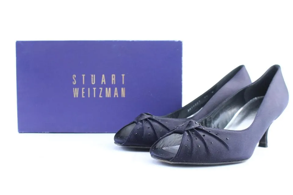Stuart Weitzman Navy Satin Knot Twist Kitten Open Toe Heel3MR0222