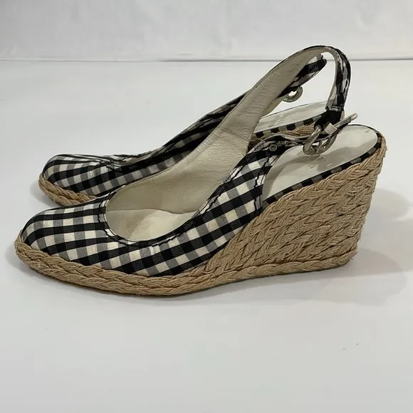 Stuart Weitzman Wedge Espadrille Heels Navy And White Gingham Size 8