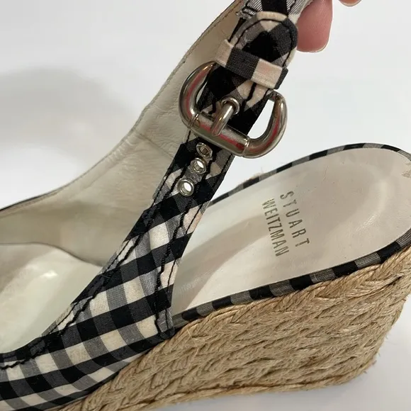 Stuart Weitzman Wedge Espadrille Heels Navy And White Gingham Size 8