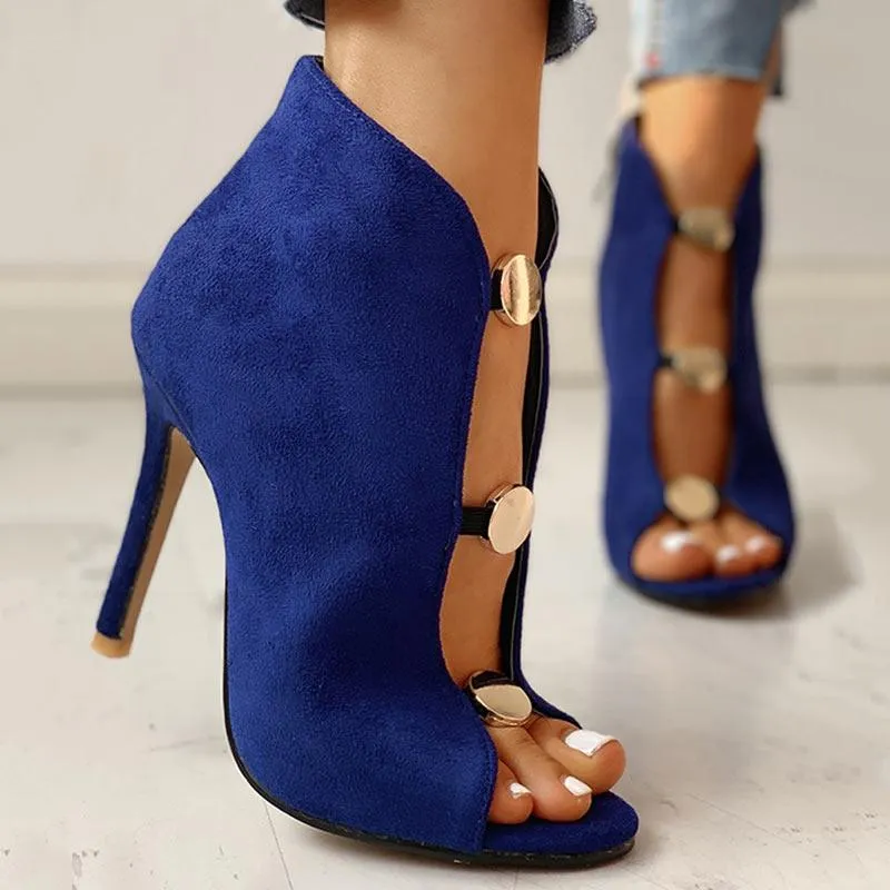 Suede Metal Buttoned Peep Toe Thin Heeled Boot
