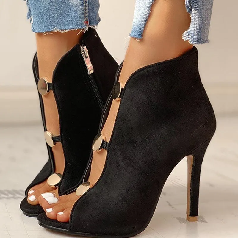 Suede Metal Buttoned Peep Toe Thin Heeled Boot