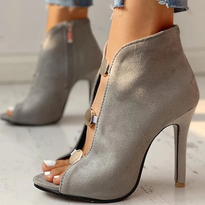 Suede Metal Buttoned Peep Toe Thin Heeled Boot
