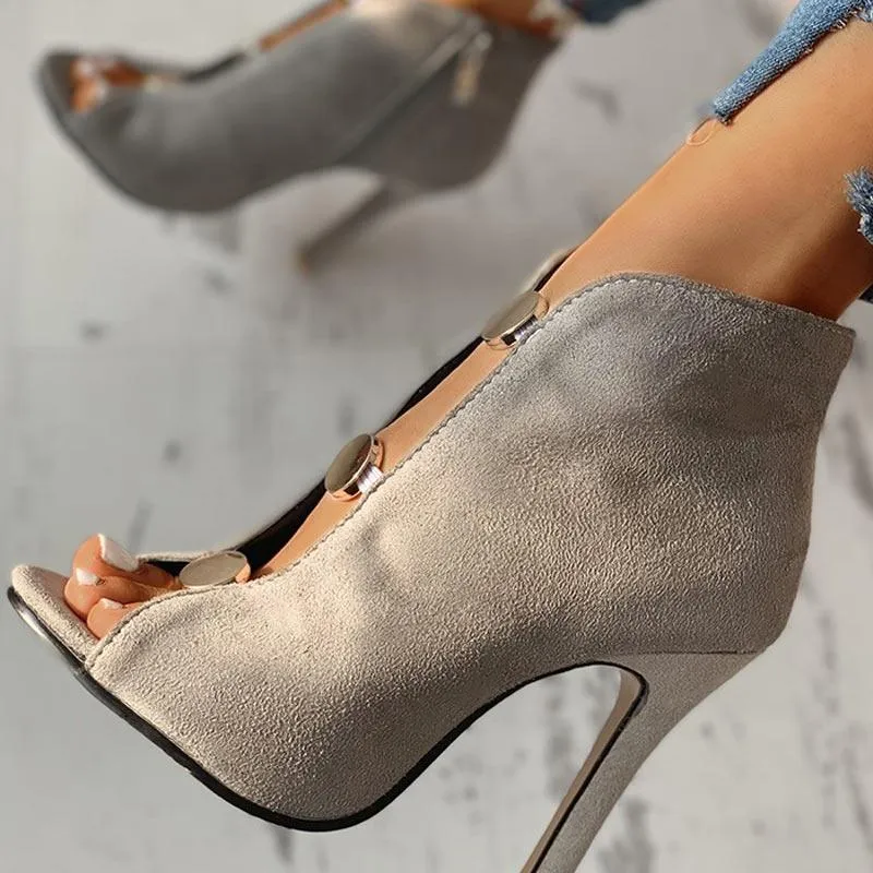 Suede Metal Buttoned Peep Toe Thin Heeled Boot