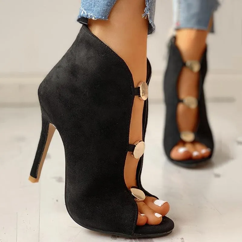 Suede Metal Buttoned Peep Toe Thin Heeled Boot