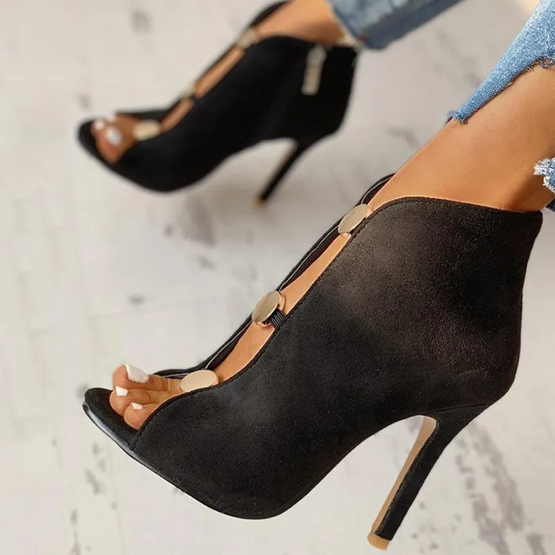 Suede Metal Buttoned Peep Toe Thin Heeled Boot
