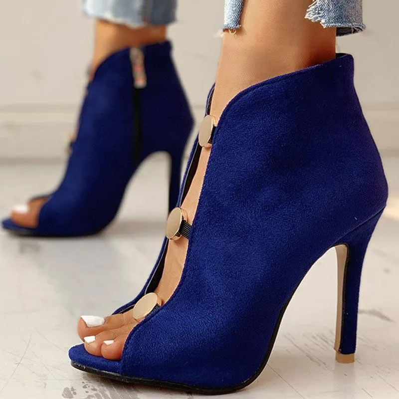 Suede Metal Buttoned Peep Toe Thin Heeled Boot