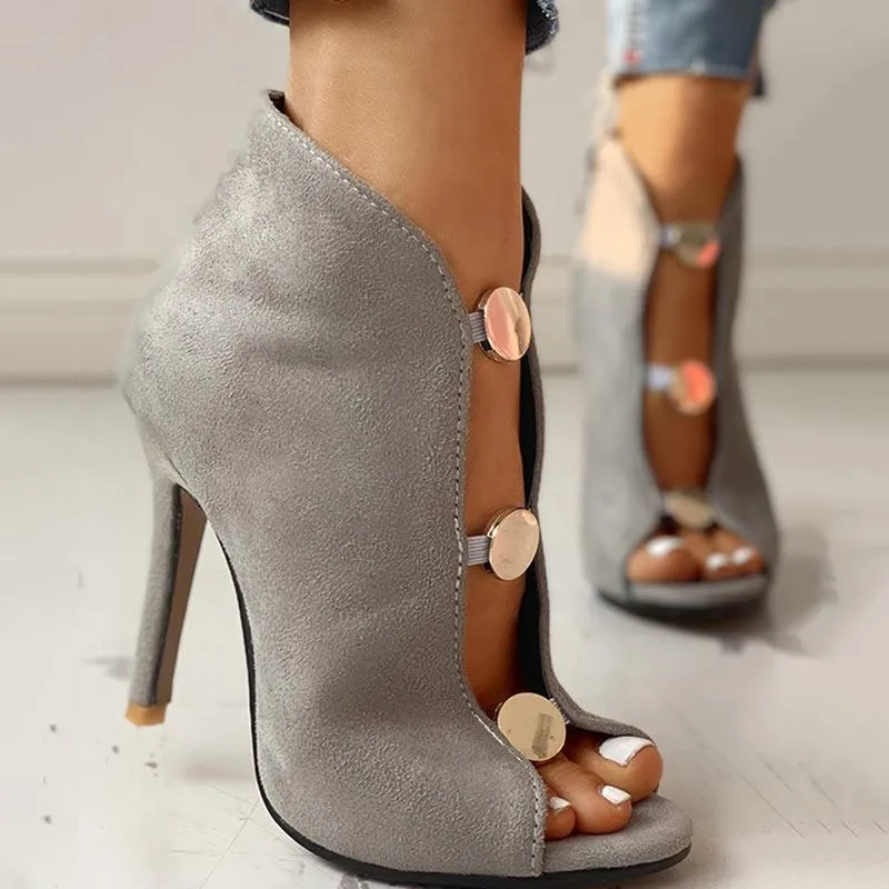Suede Metal Buttoned Peep Toe Thin Heeled Boot
