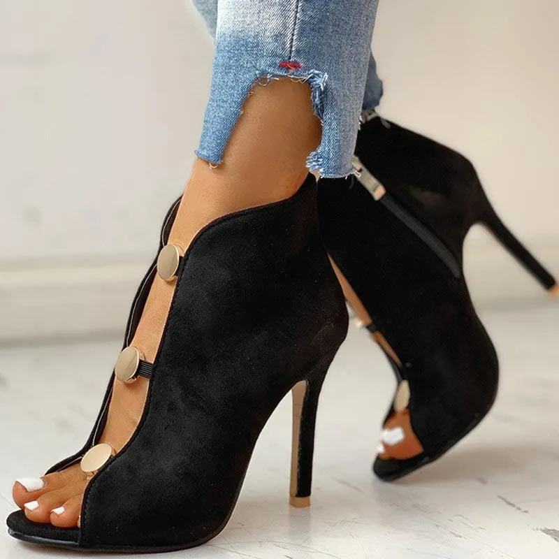 Suede Metal Buttoned Peep Toe Thin Heeled Boot
