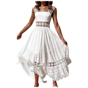 Summer Elegant White Dress for Women Sexy Lace Hollow Out Bridemaid Long Dress Ladies Holiday Wedding Maxi Dress