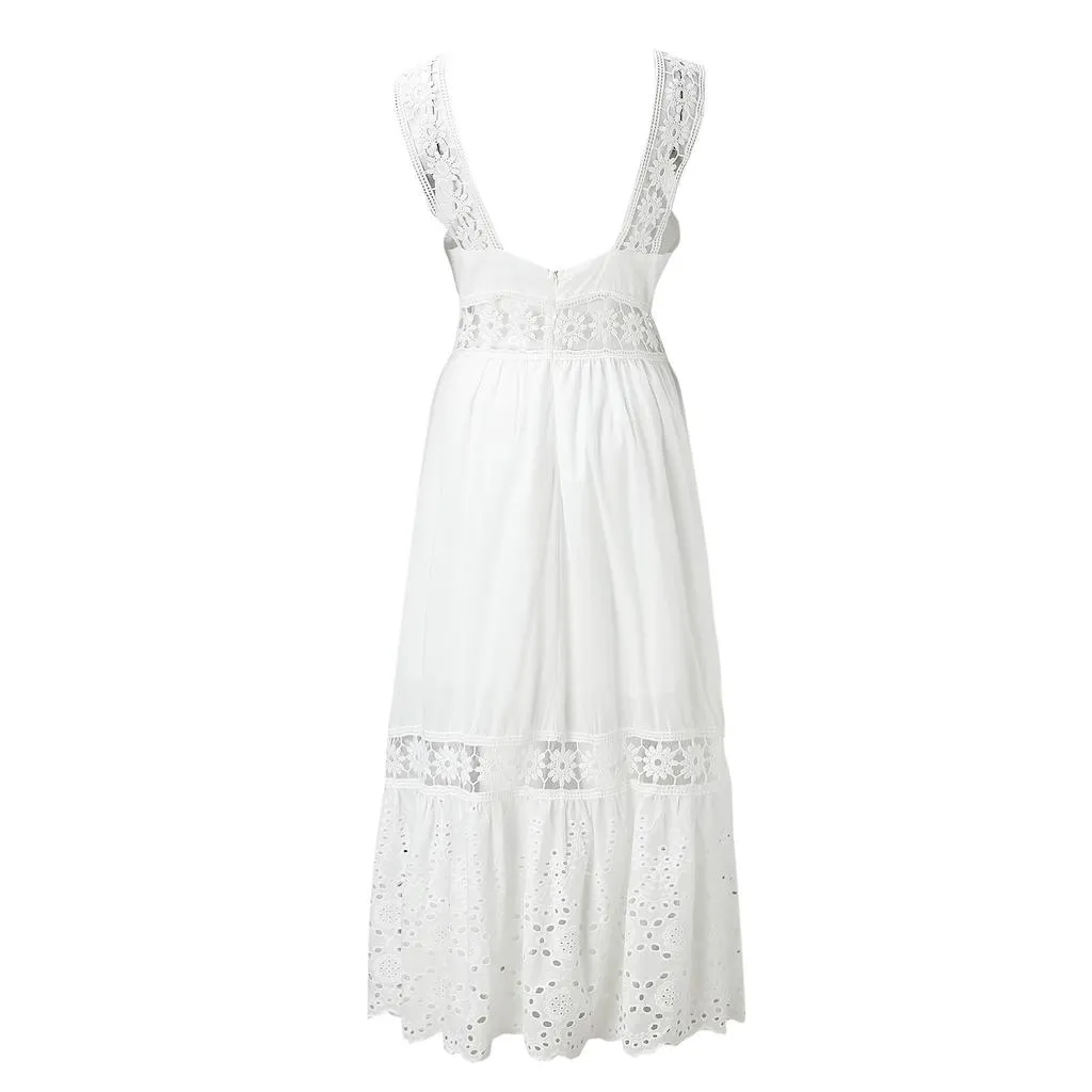 Summer Elegant White Dress for Women Sexy Lace Hollow Out Bridemaid Long Dress Ladies Holiday Wedding Maxi Dress