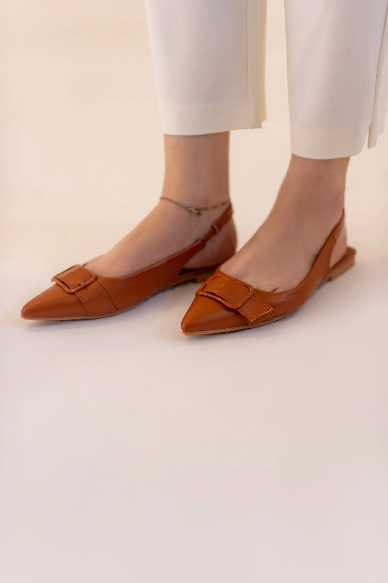 Tan Buckle Detail Flats