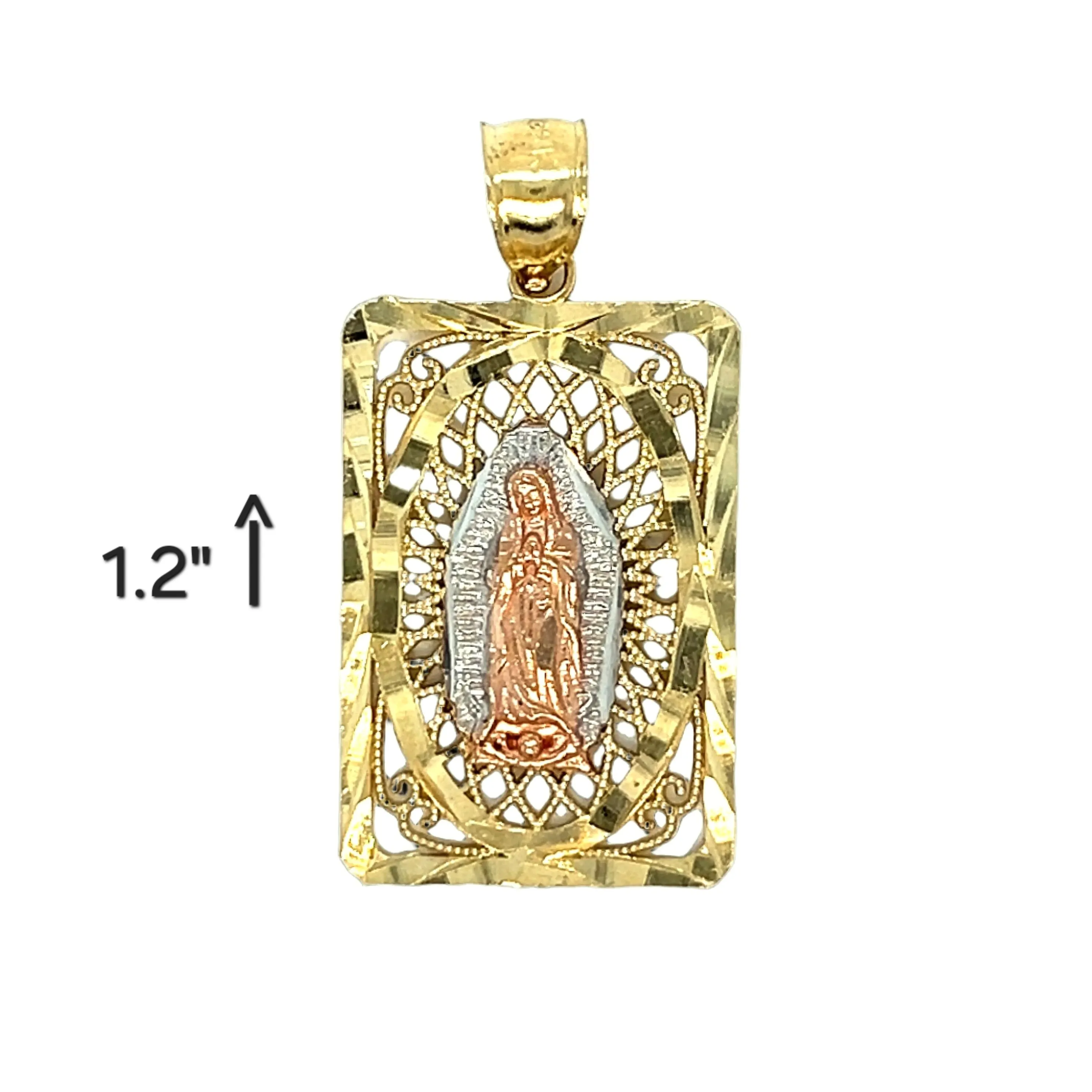 Tri-Color Oro 14K Gold Virgin Mary Lady of Guadalupe Framed Charm 1.2"Pendant