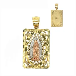 Tri-Color Oro 14K Gold Virgin Mary Lady of Guadalupe Framed Charm 1.2"Pendant