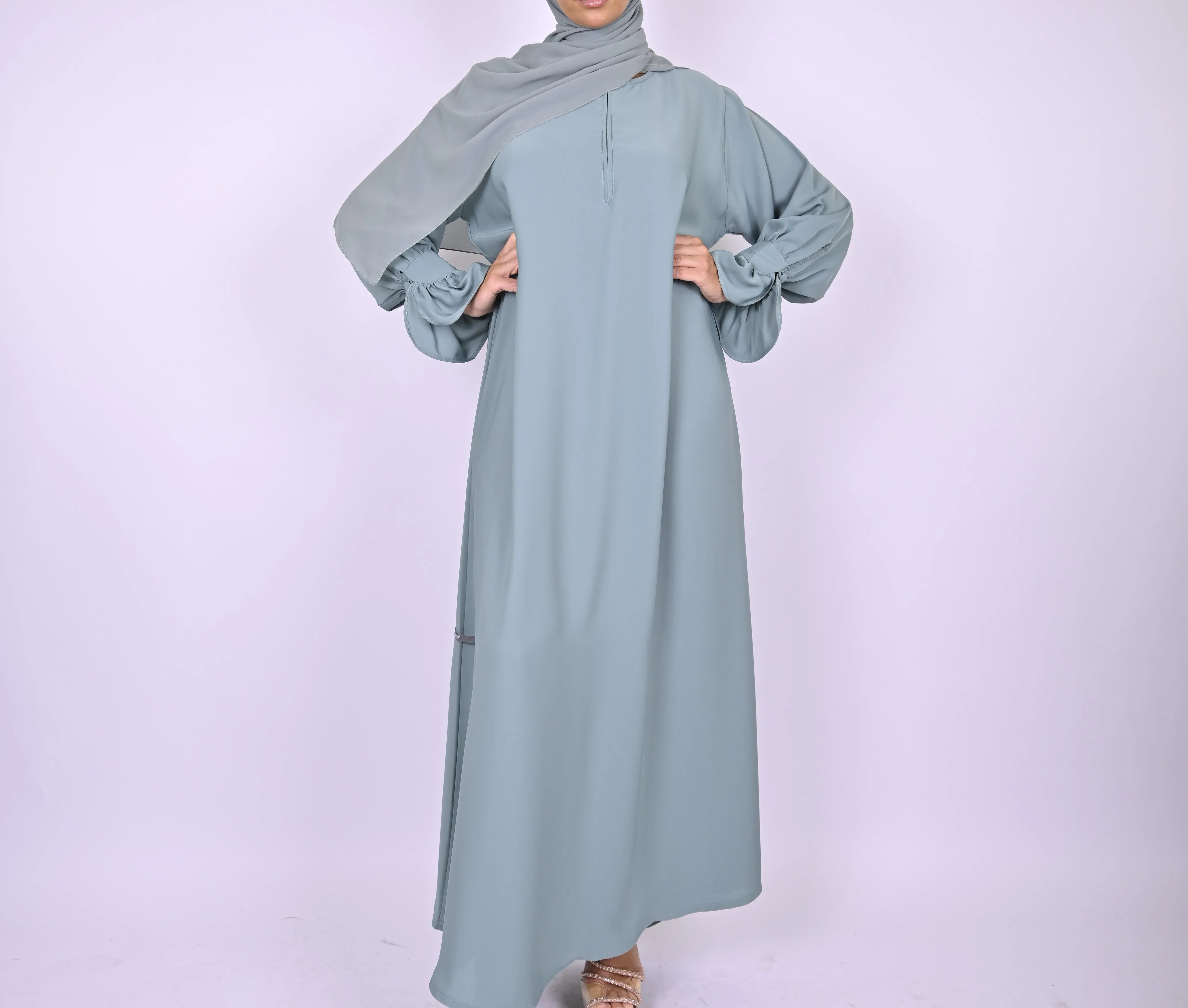 Turkish Style Abaya With Frill Cuffs - Blue