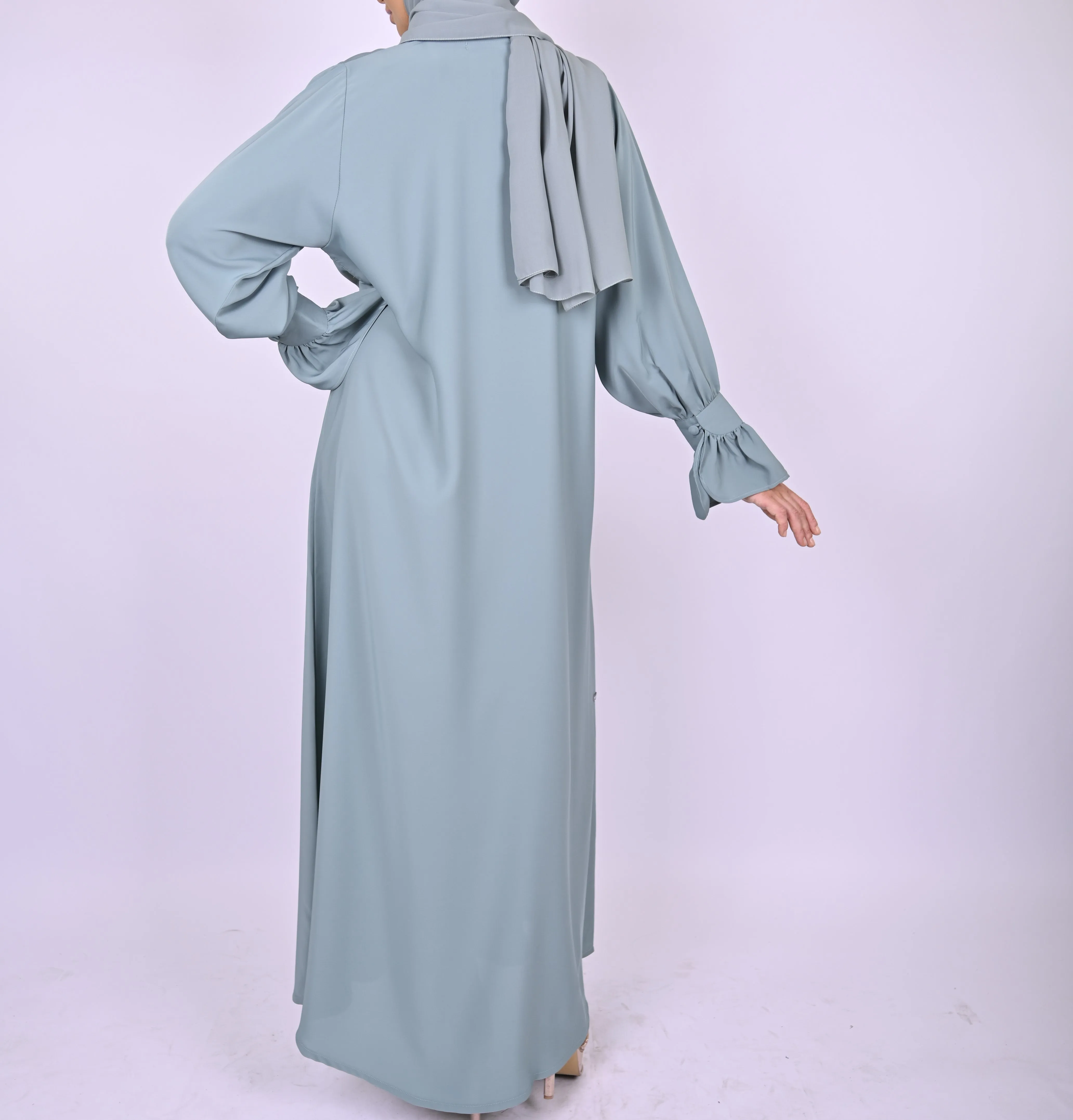 Turkish Style Abaya With Frill Cuffs - Blue
