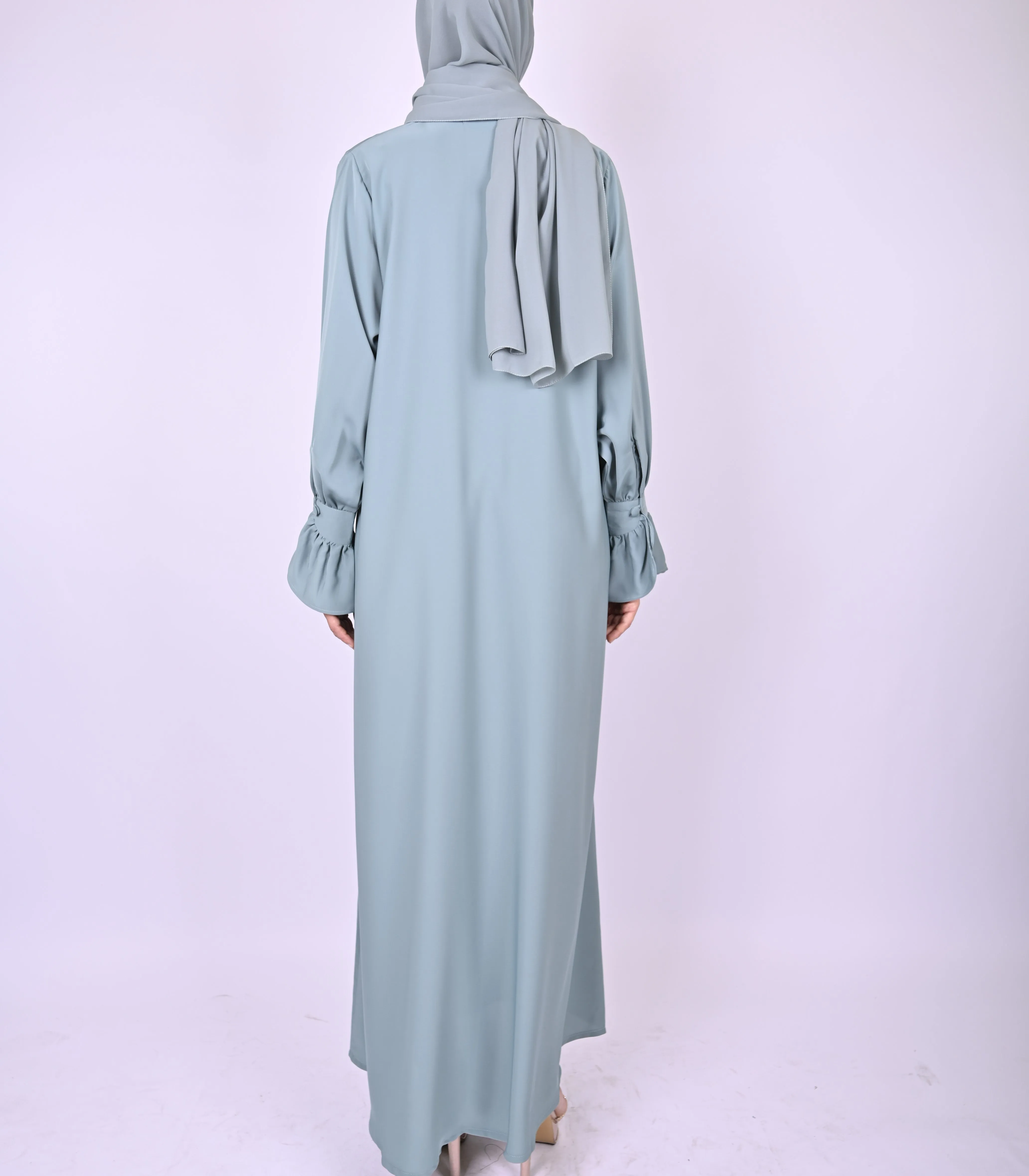 Turkish Style Abaya With Frill Cuffs - Blue