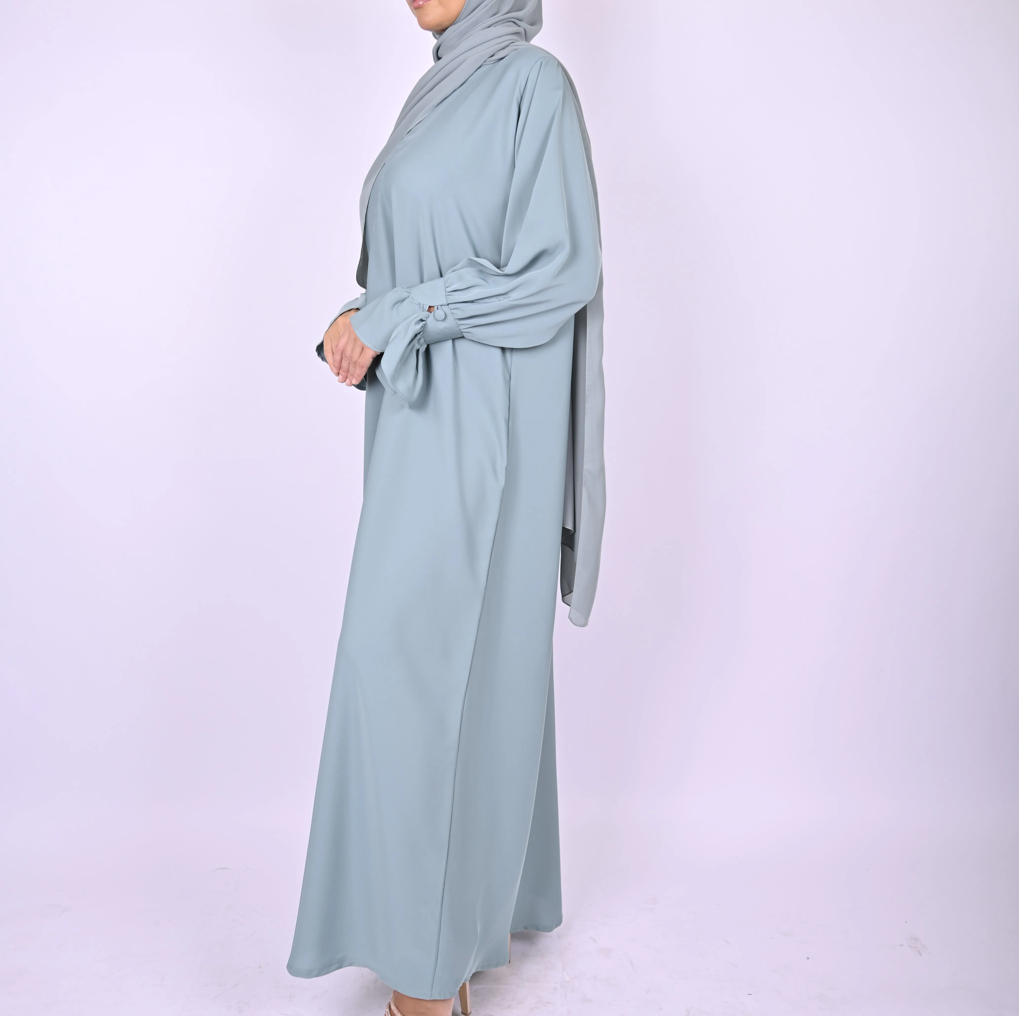 Turkish Style Abaya With Frill Cuffs - Blue