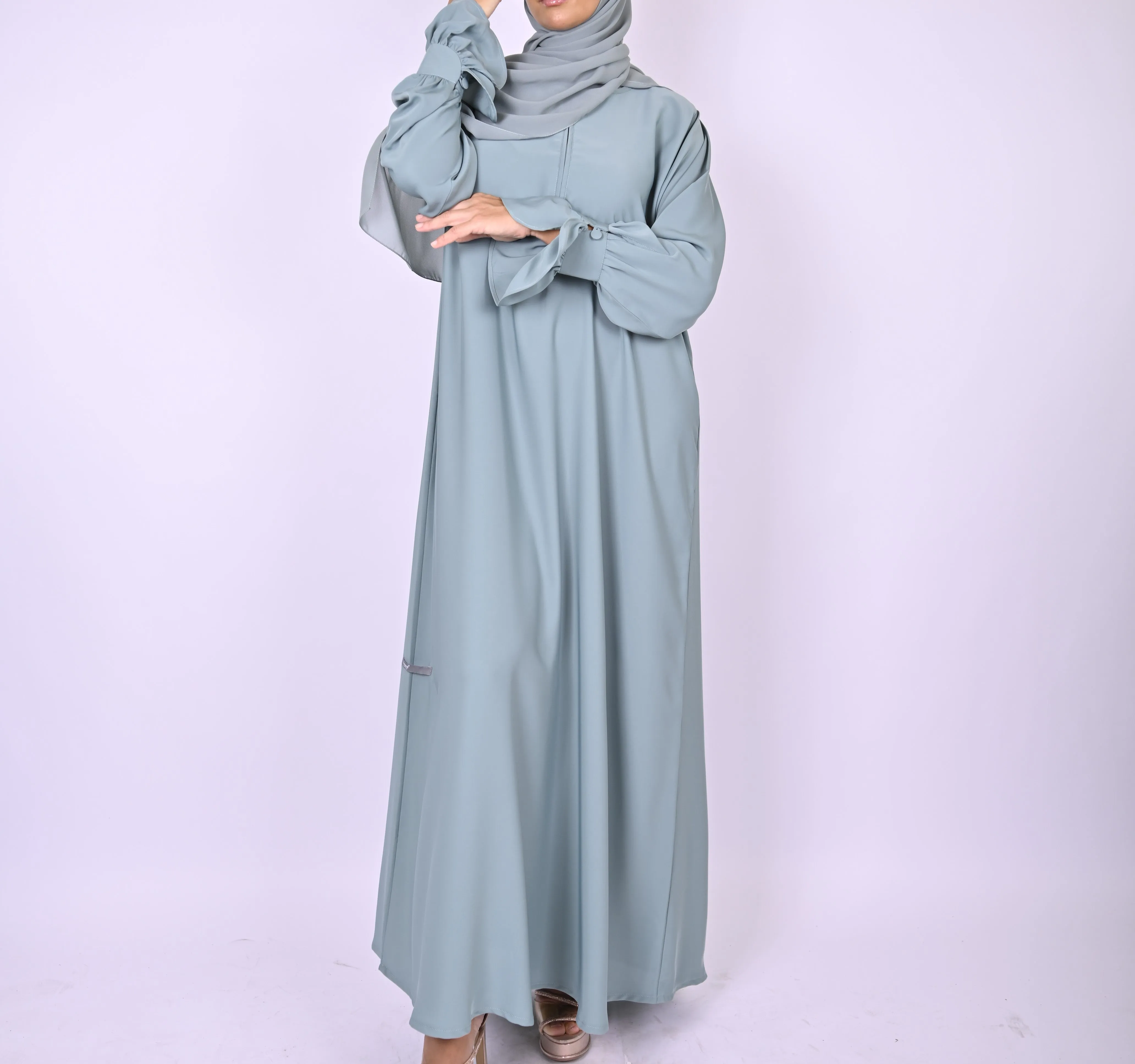 Turkish Style Abaya With Frill Cuffs - Blue