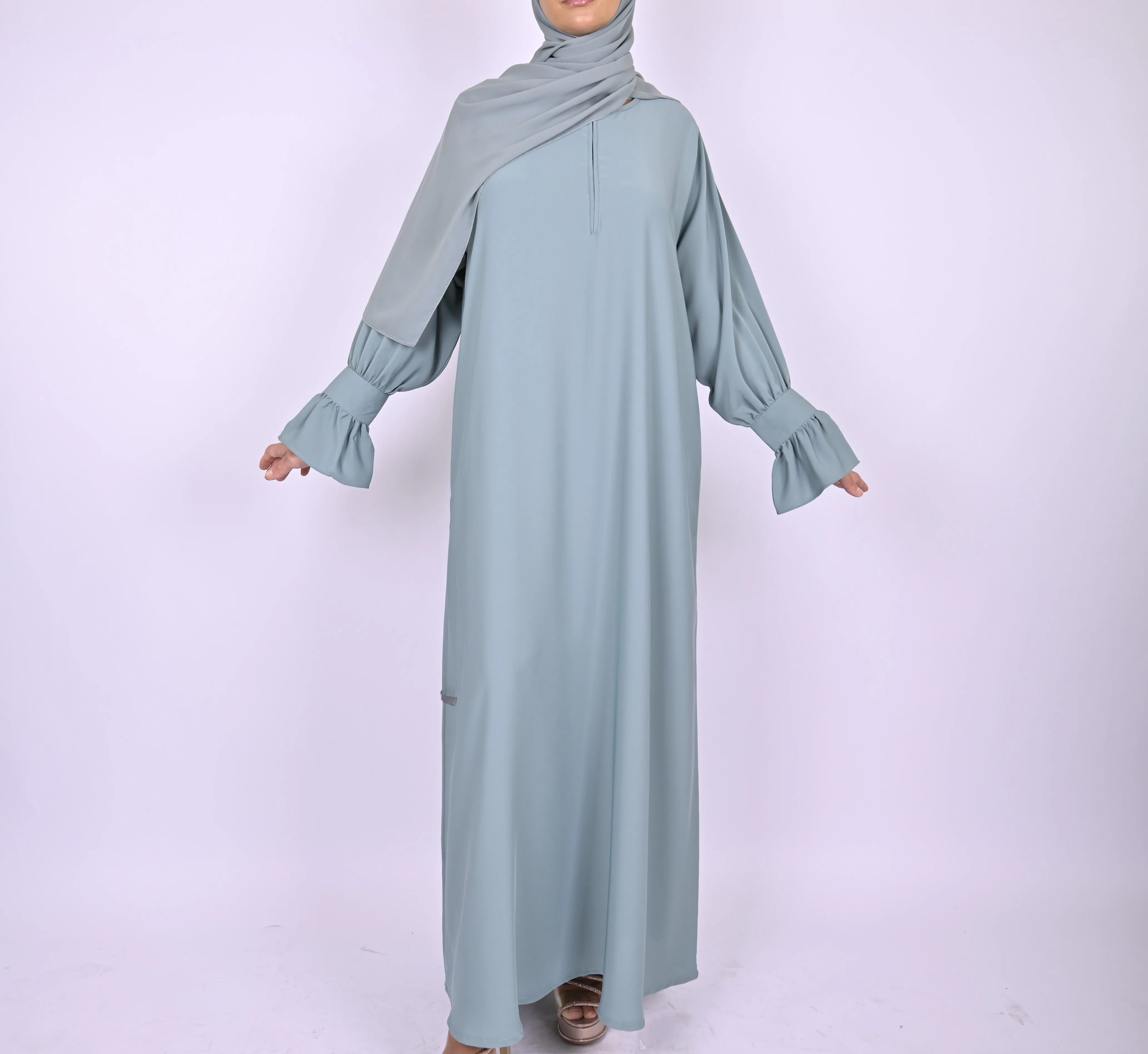 Turkish Style Abaya With Frill Cuffs - Blue
