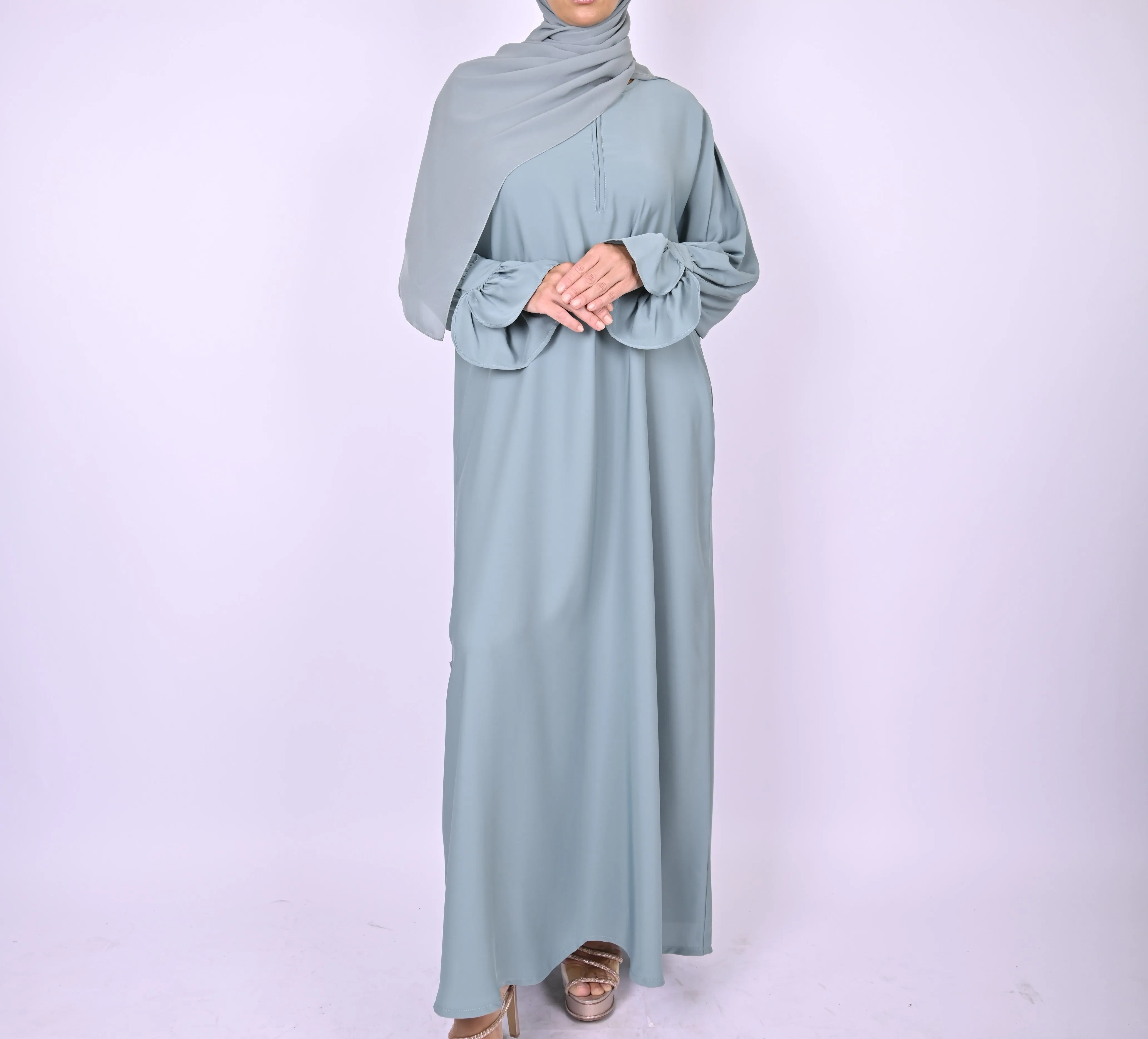 Turkish Style Abaya With Frill Cuffs - Blue