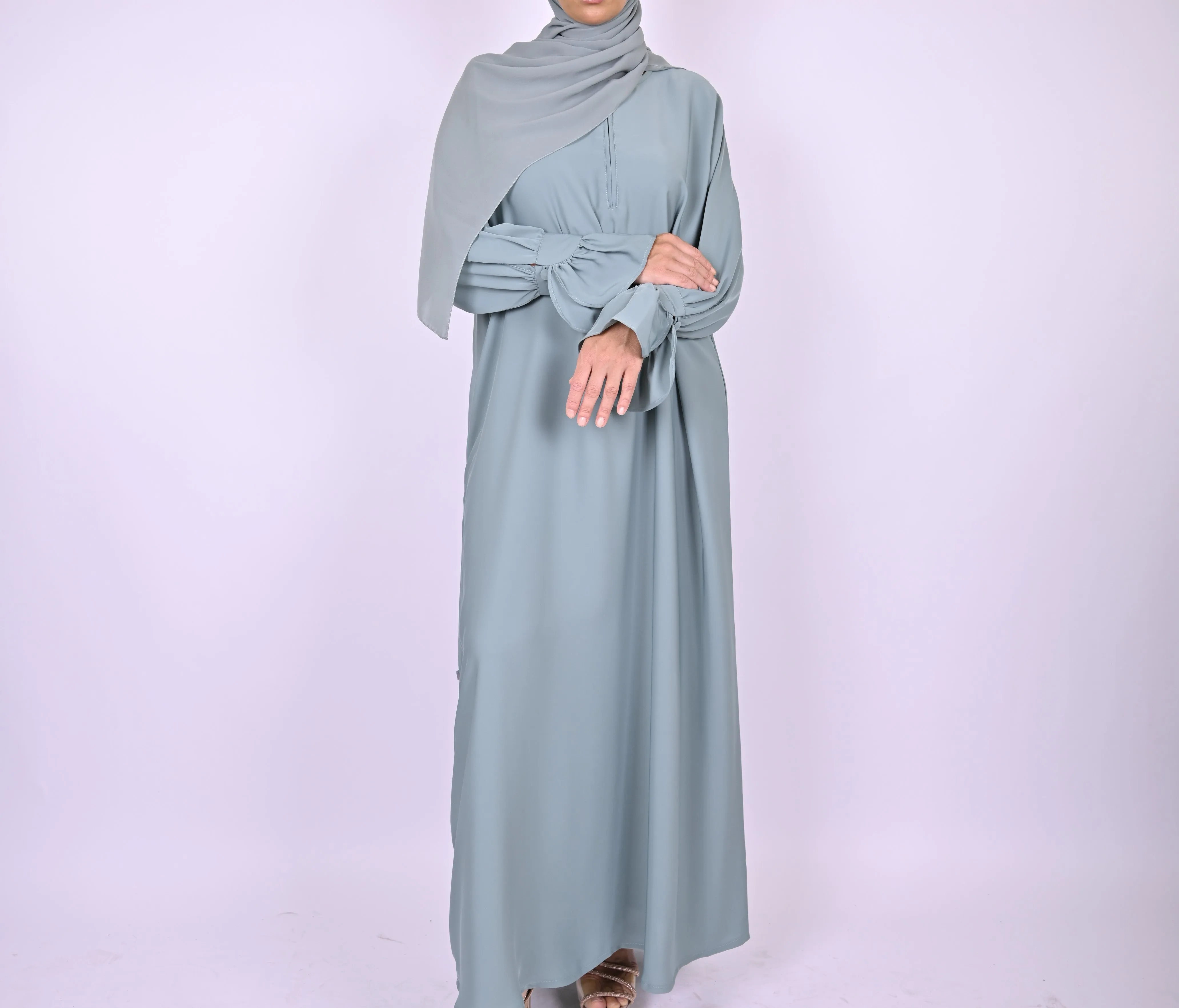 Turkish Style Abaya With Frill Cuffs - Blue
