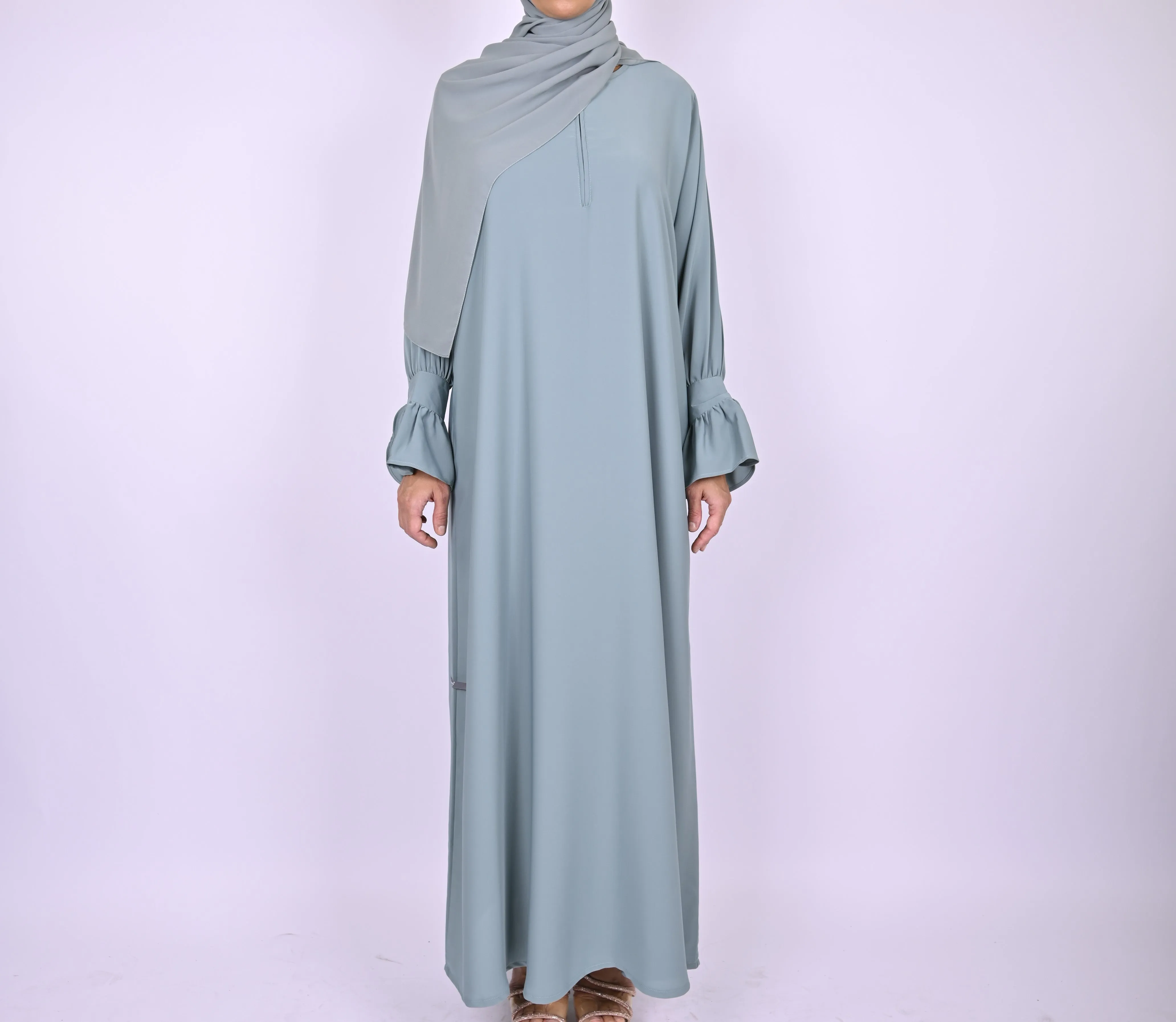 Turkish Style Abaya With Frill Cuffs - Blue