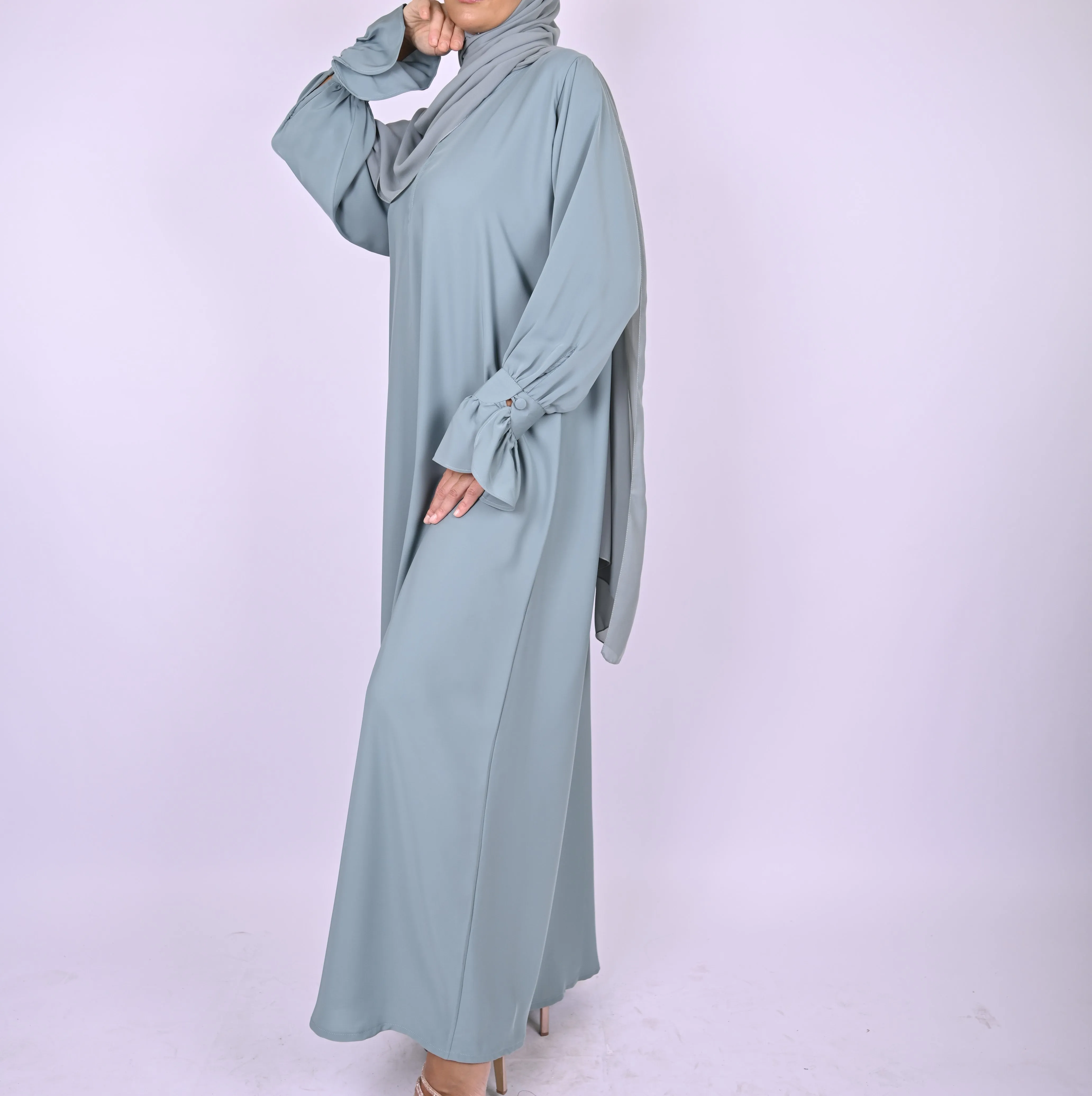 Turkish Style Abaya With Frill Cuffs - Blue