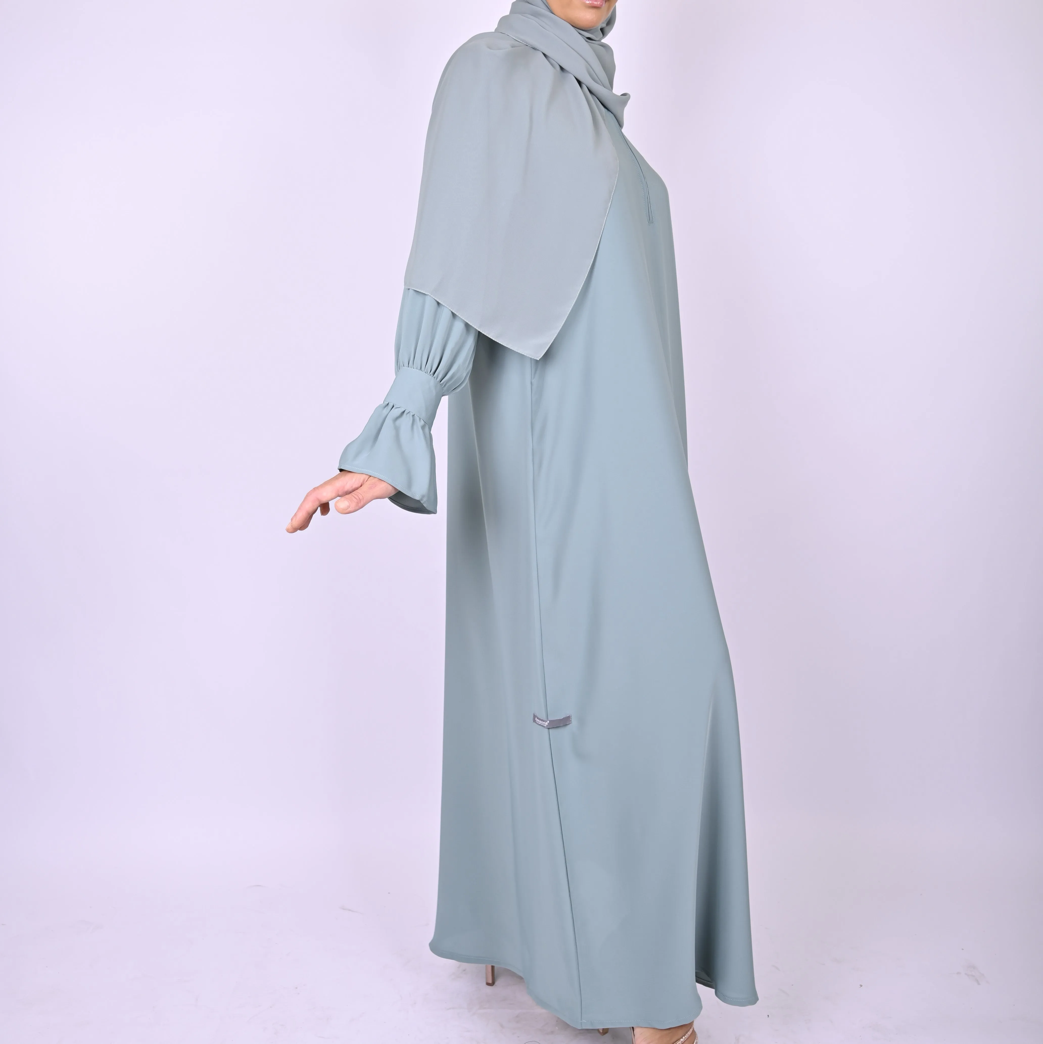 Turkish Style Abaya With Frill Cuffs - Blue