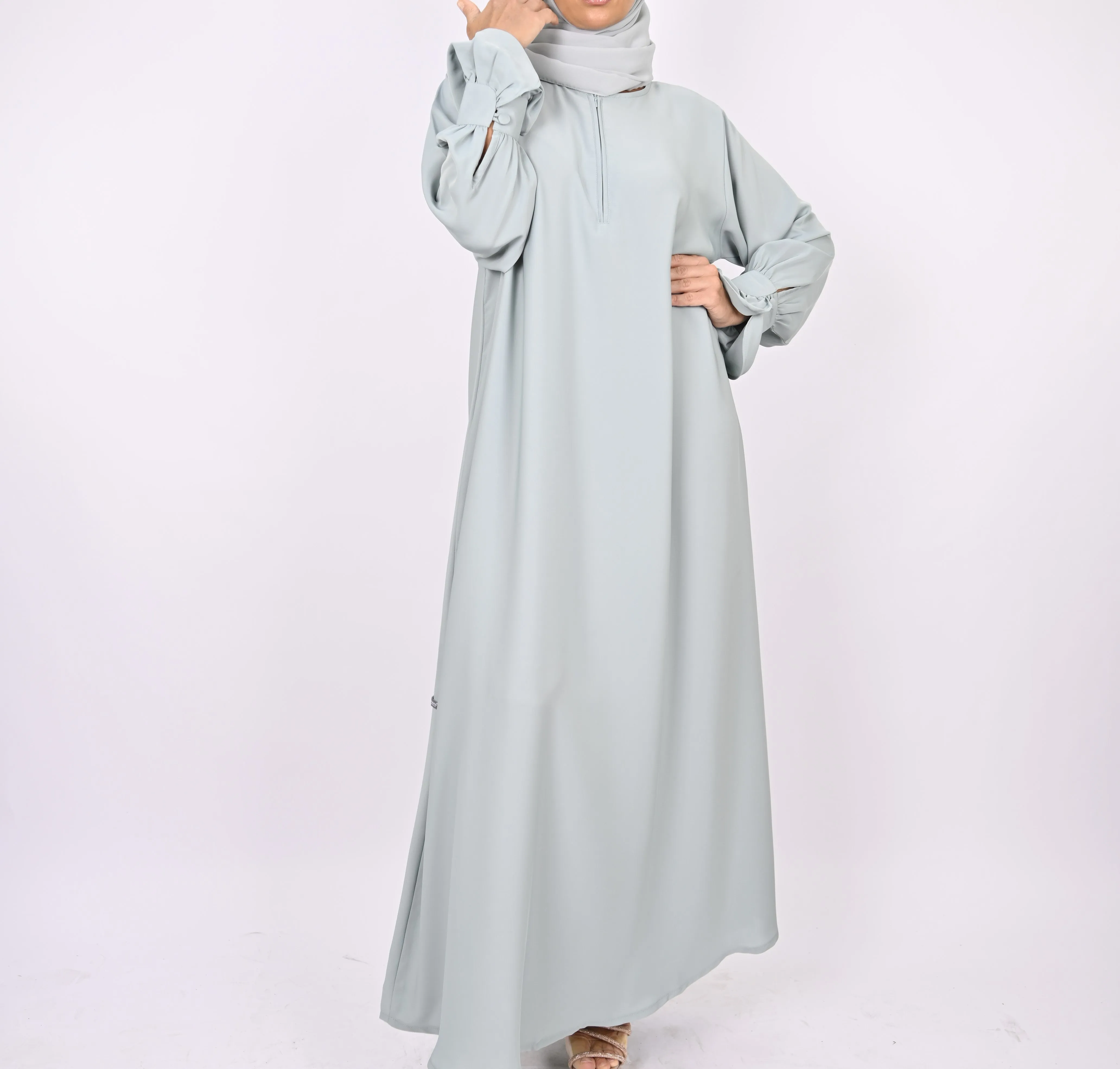 Turkish Style Abaya With Frill Cuffs - Mint