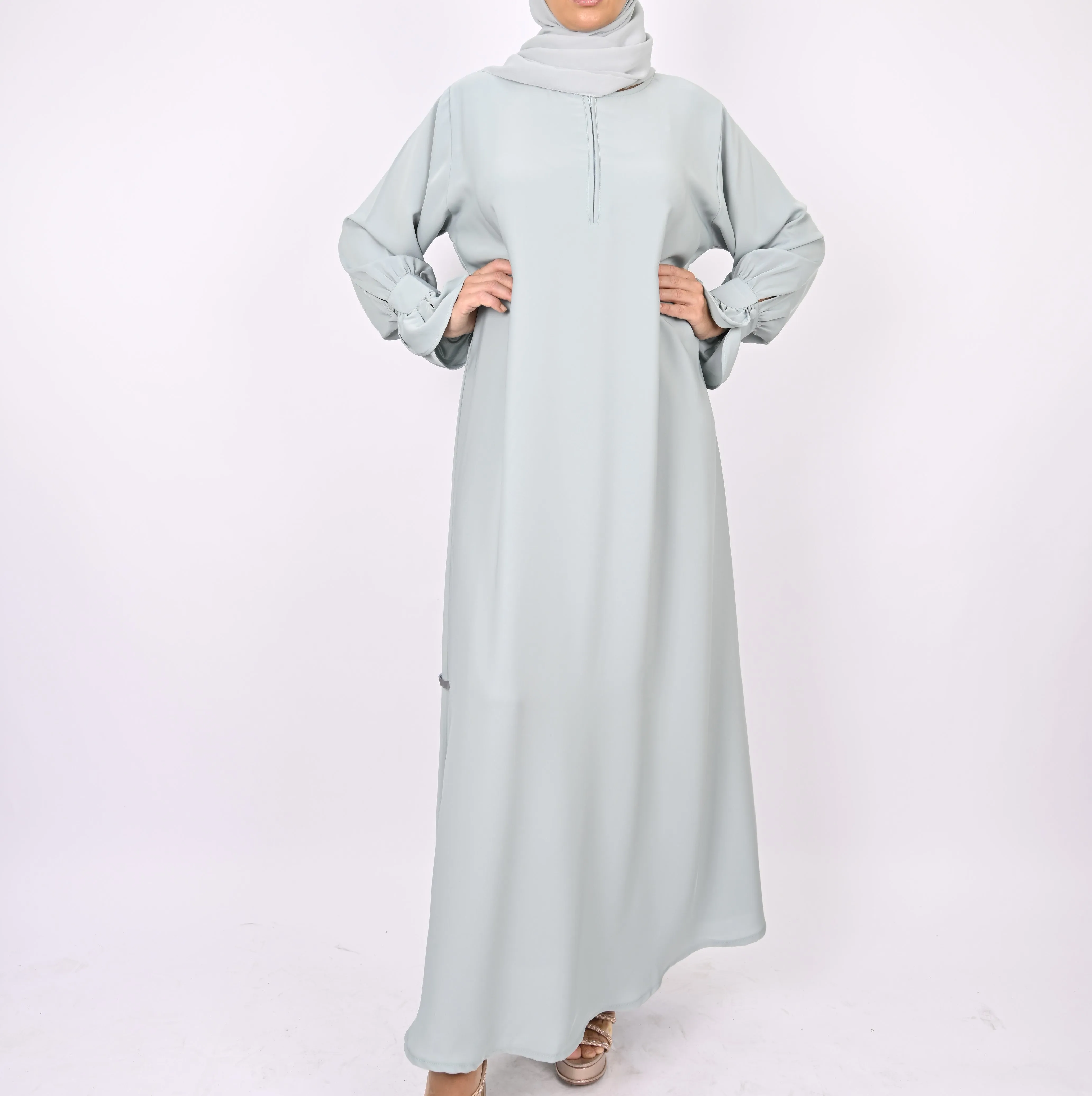 Turkish Style Abaya With Frill Cuffs - Mint