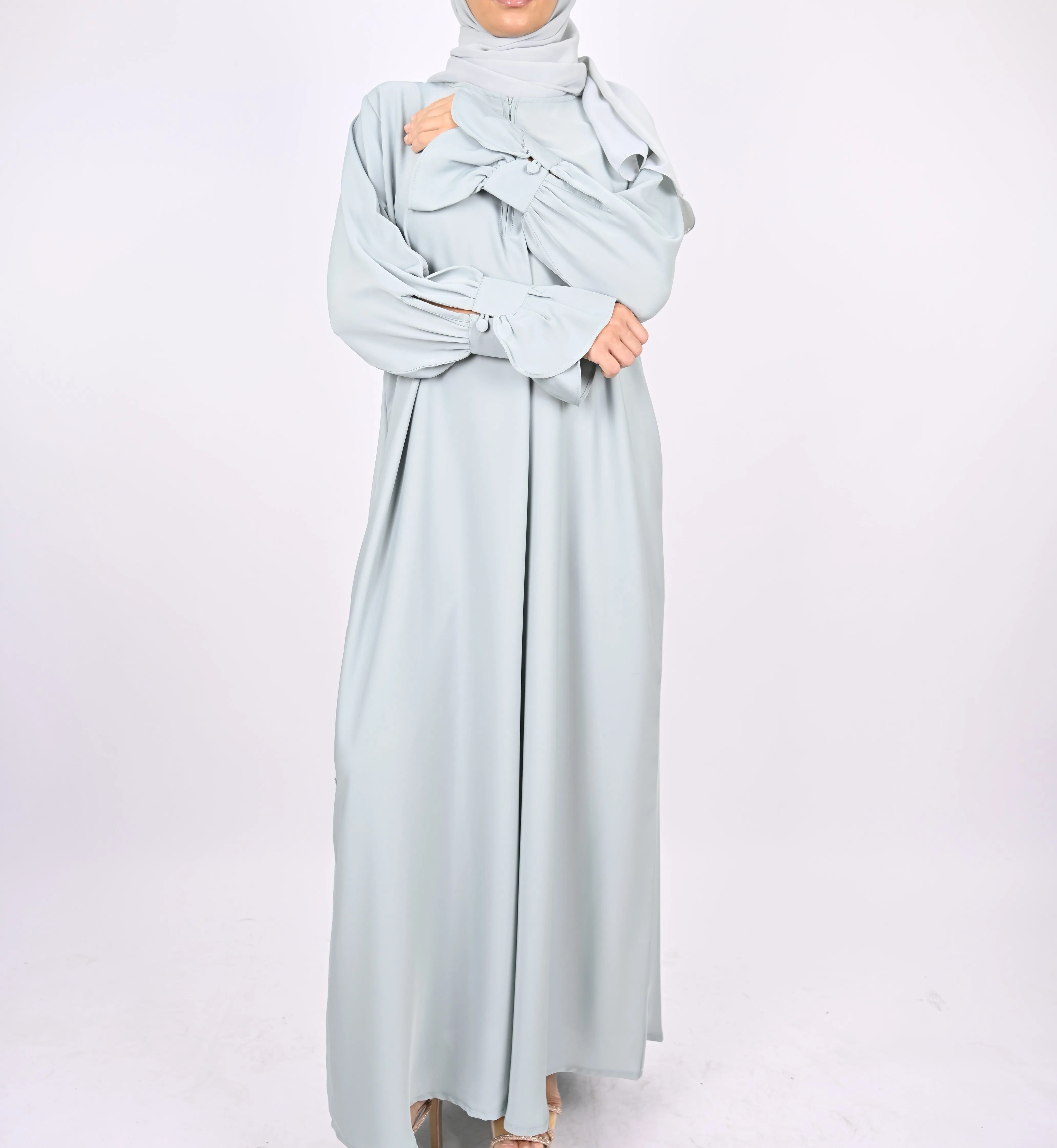 Turkish Style Abaya With Frill Cuffs - Mint