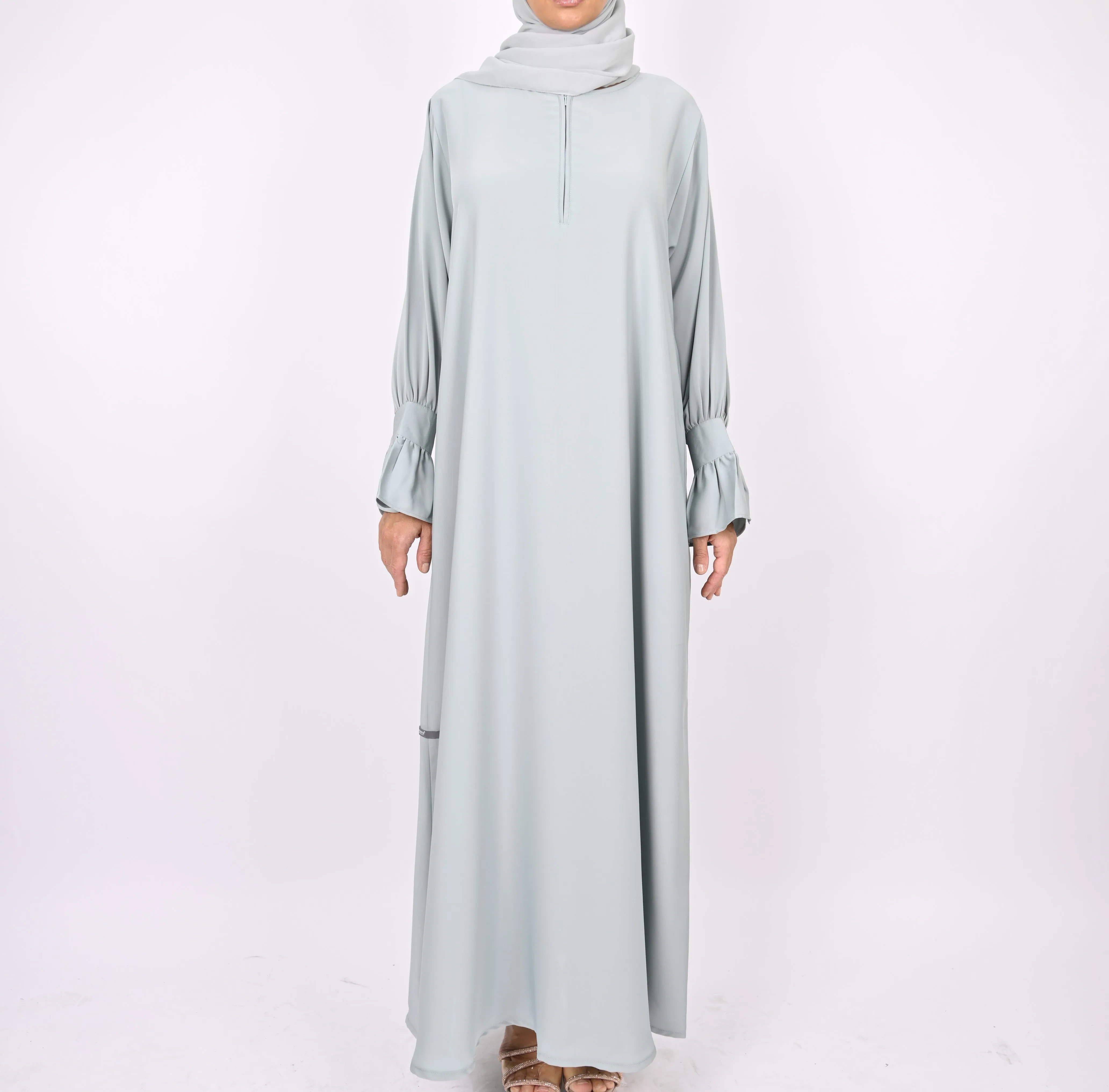Turkish Style Abaya With Frill Cuffs - Mint
