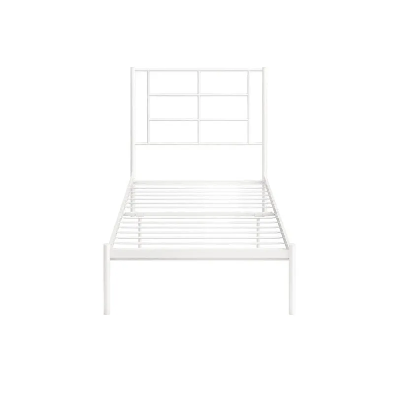 Twin Size Modern White Metal Platform Bed with Geometric Headboard