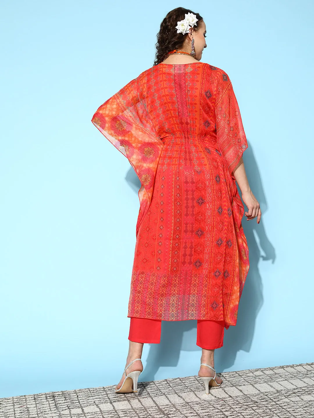 V Neck Chiffon All Over Abstract Print Orange Flared Kaftan Set For Women - ZOLA