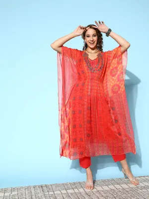 V Neck Chiffon All Over Abstract Print Orange Flared Kaftan Set For Women - ZOLA