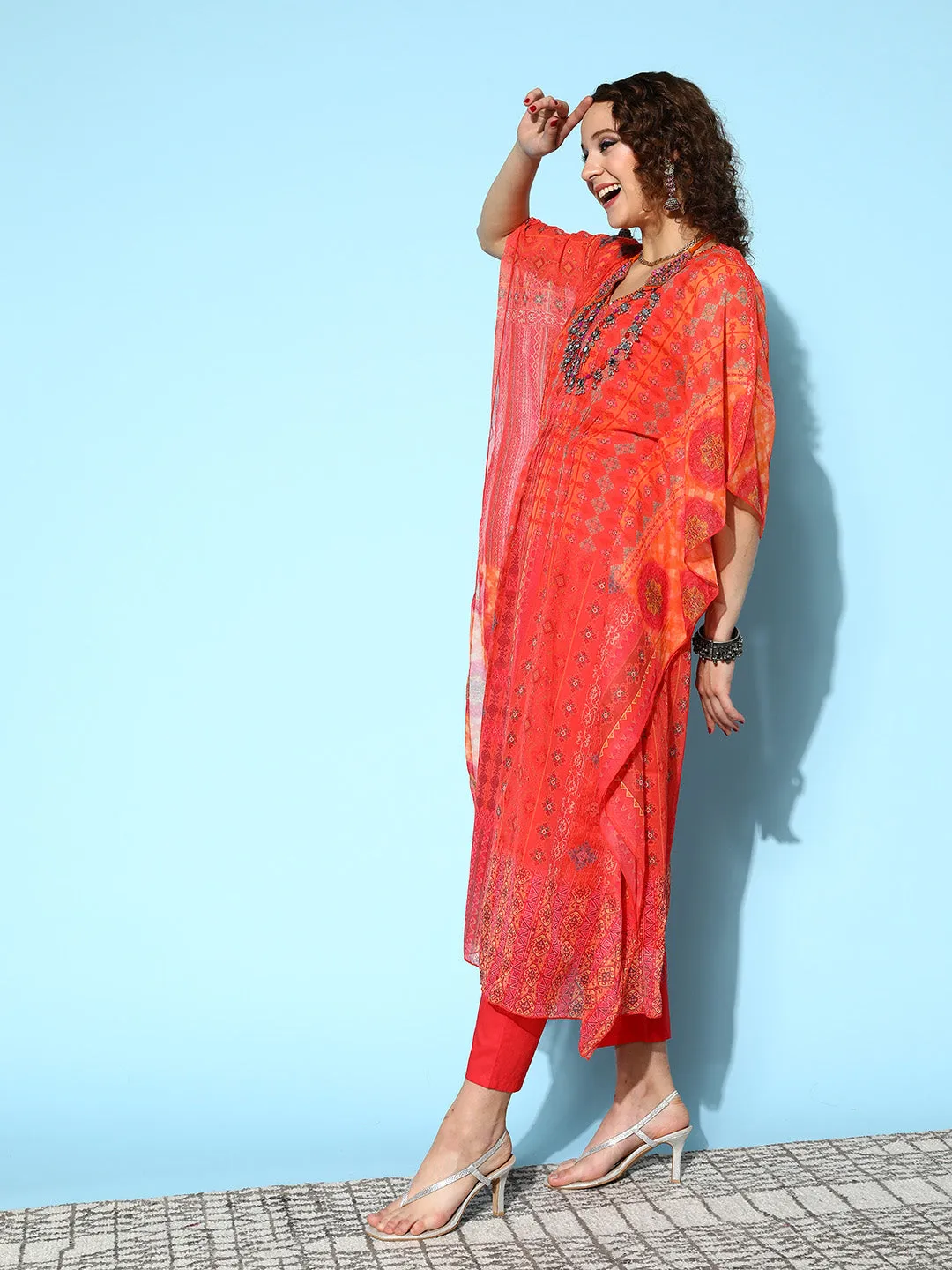 V Neck Chiffon All Over Abstract Print Orange Flared Kaftan Set For Women - ZOLA
