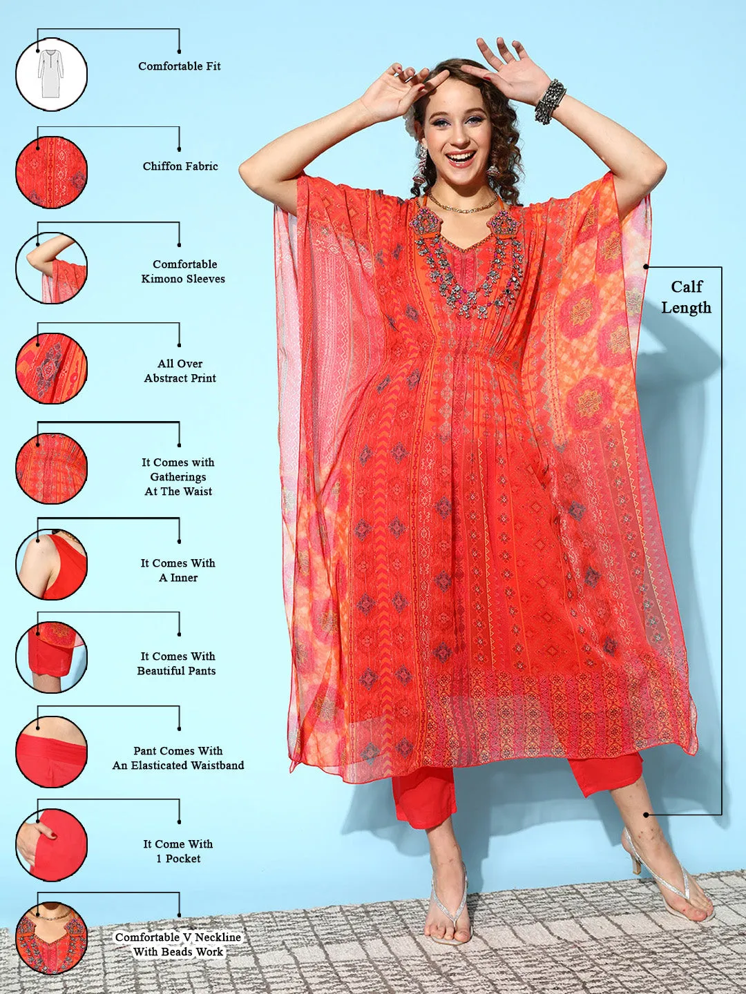 V Neck Chiffon All Over Abstract Print Orange Flared Kaftan Set For Women - ZOLA