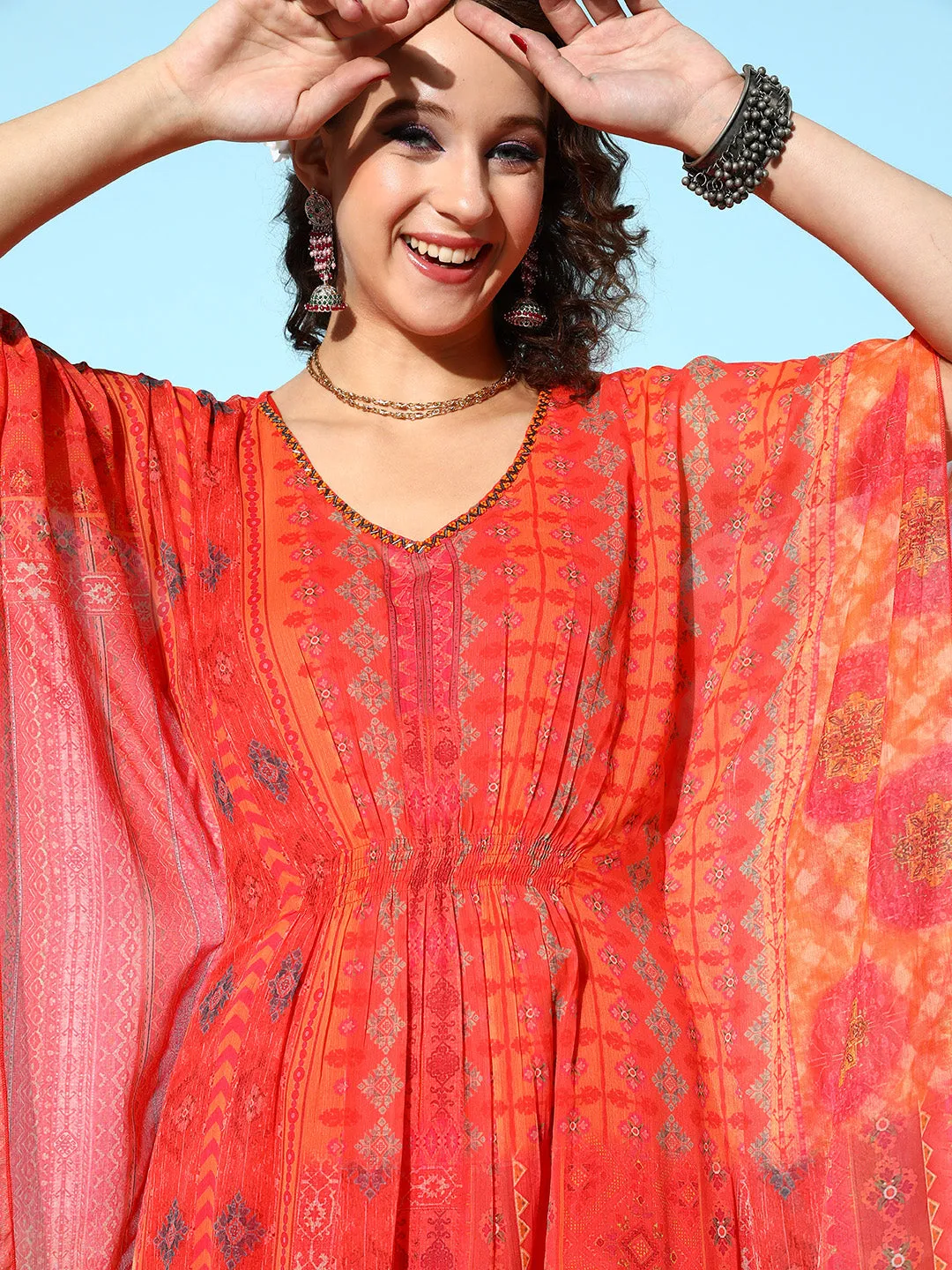 V Neck Chiffon All Over Abstract Print Orange Flared Kaftan Set For Women - ZOLA
