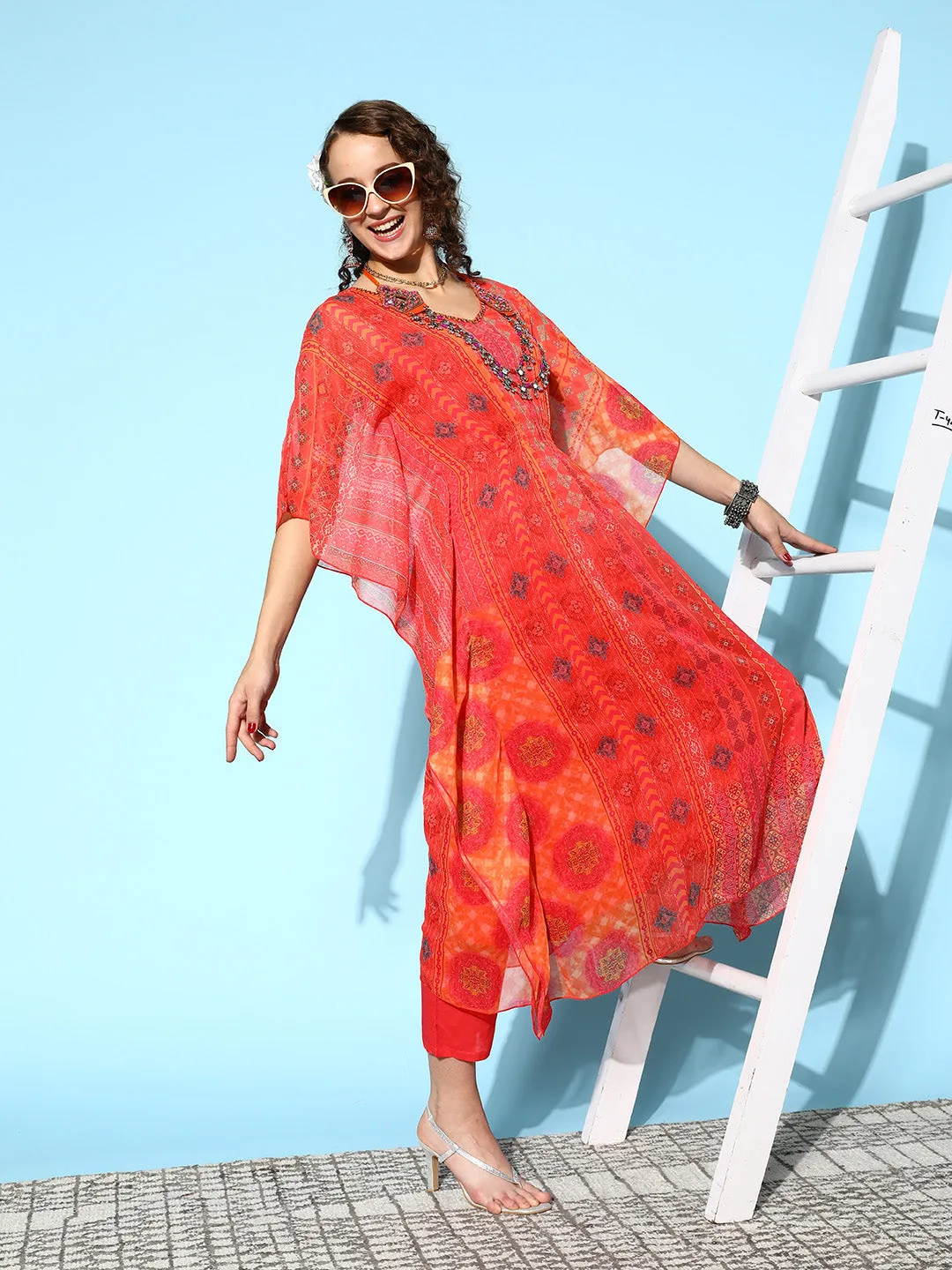 V Neck Chiffon All Over Abstract Print Orange Flared Kaftan Set For Women - ZOLA