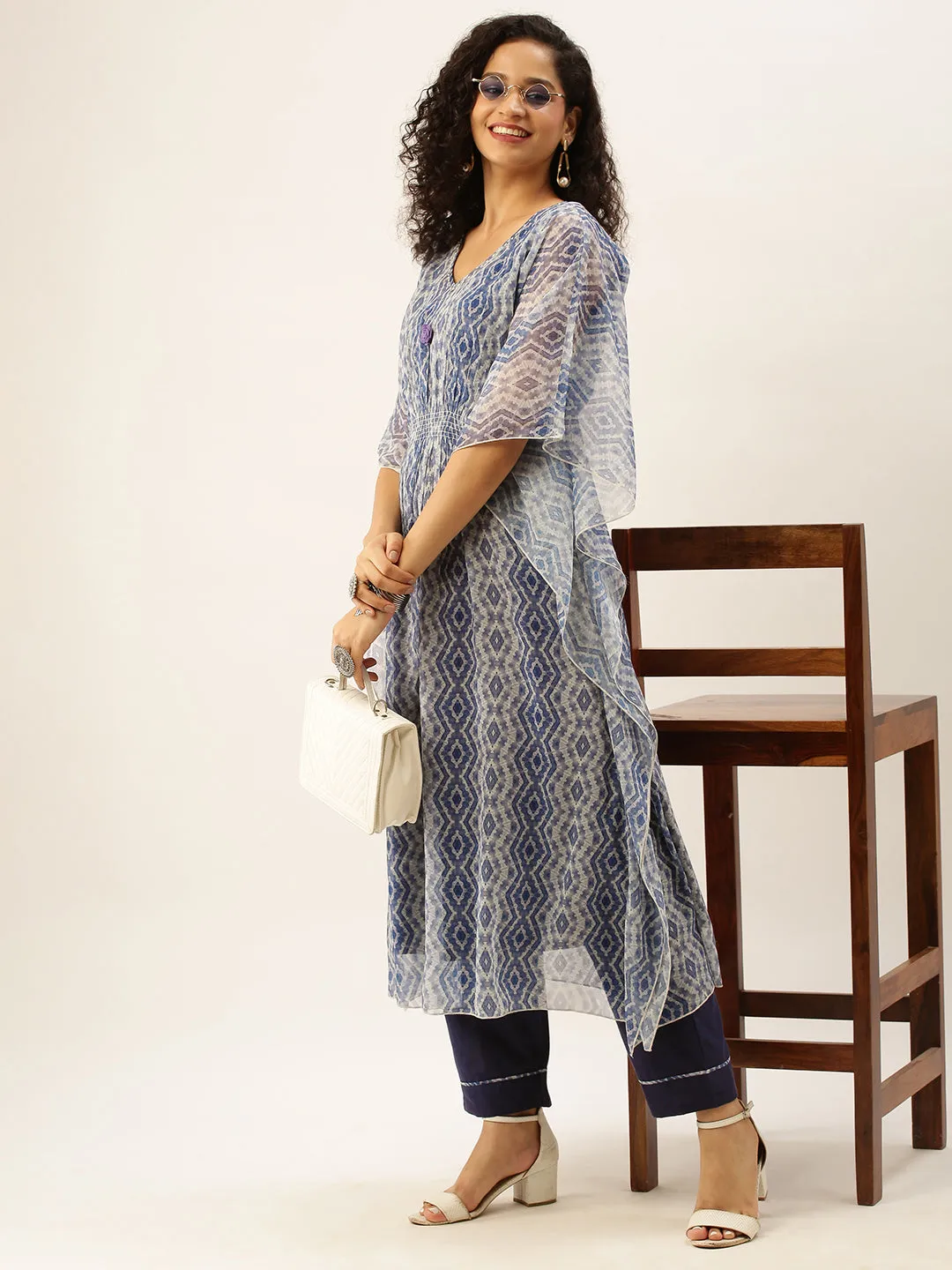 V neck Georgette All Over Geometrical Print Blue Loose fit Kaftan Set For Women - ZOLA