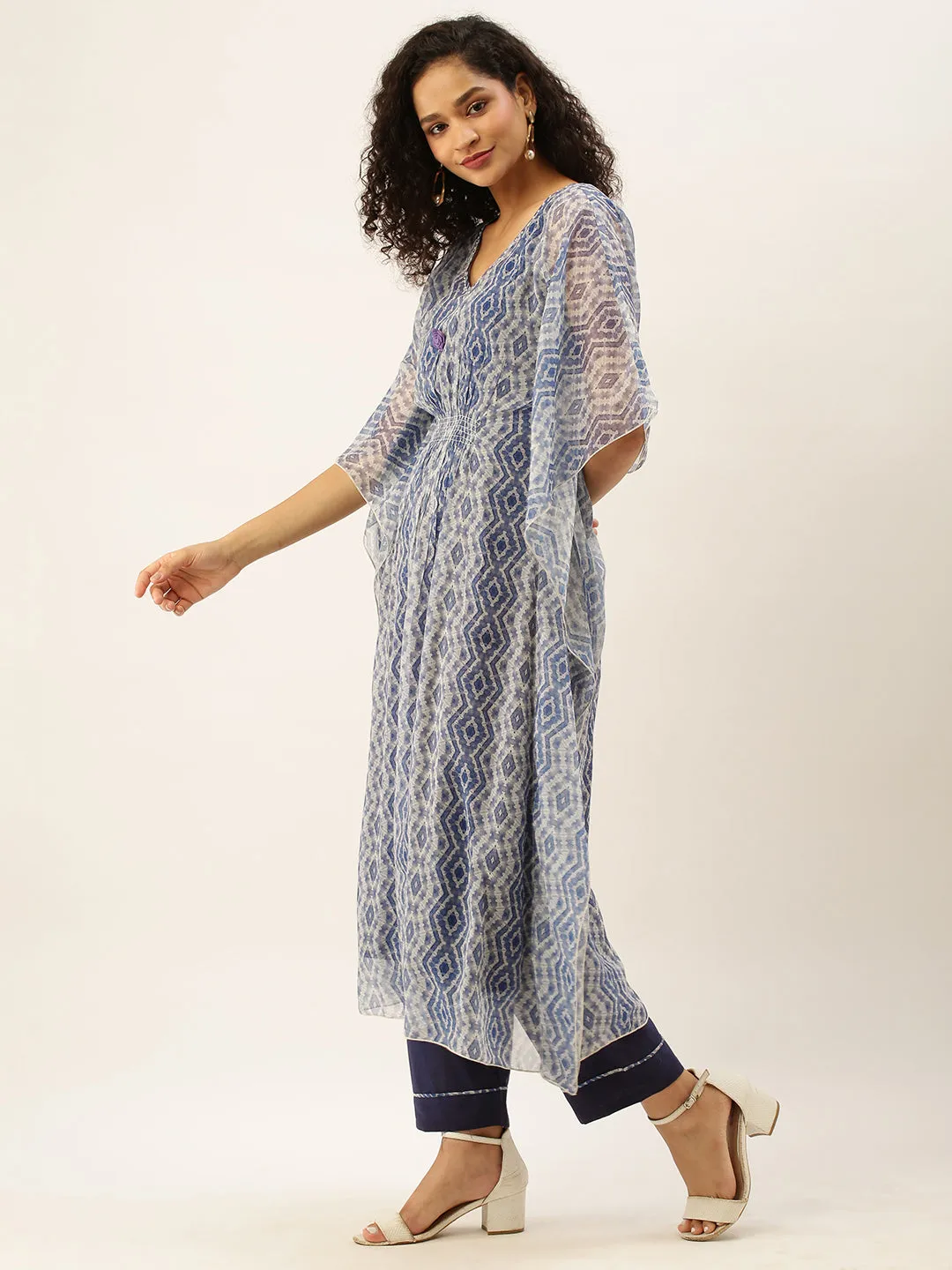 V neck Georgette All Over Geometrical Print Blue Loose fit Kaftan Set For Women - ZOLA