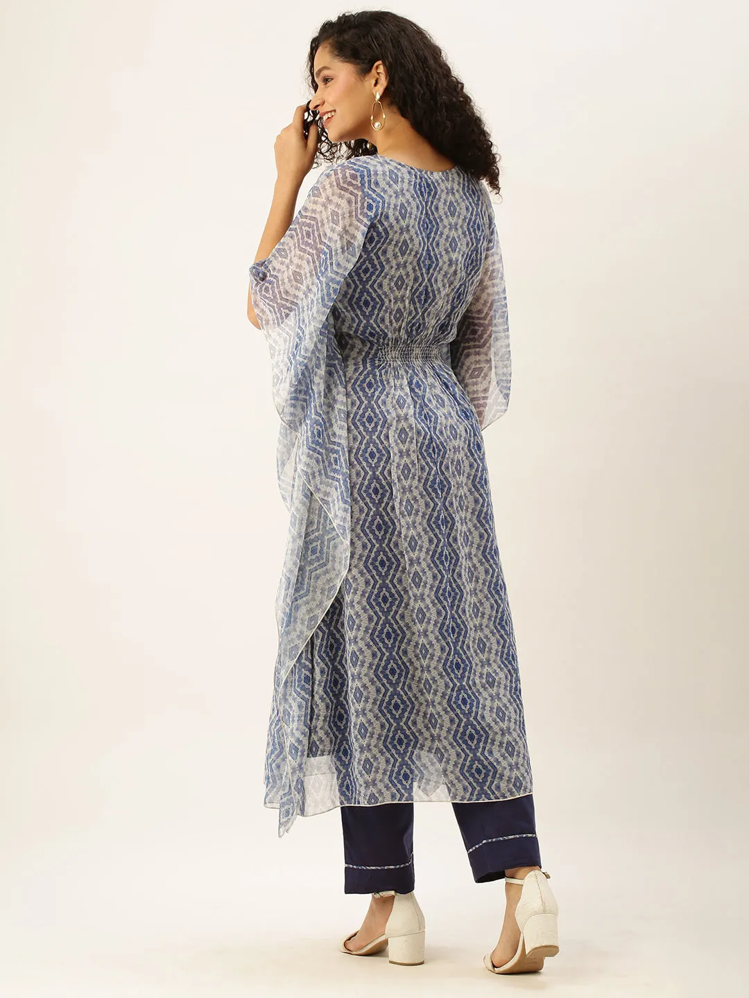 V neck Georgette All Over Geometrical Print Blue Loose fit Kaftan Set For Women - ZOLA