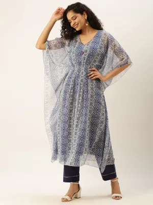 V neck Georgette All Over Geometrical Print Blue Loose fit Kaftan Set For Women - ZOLA