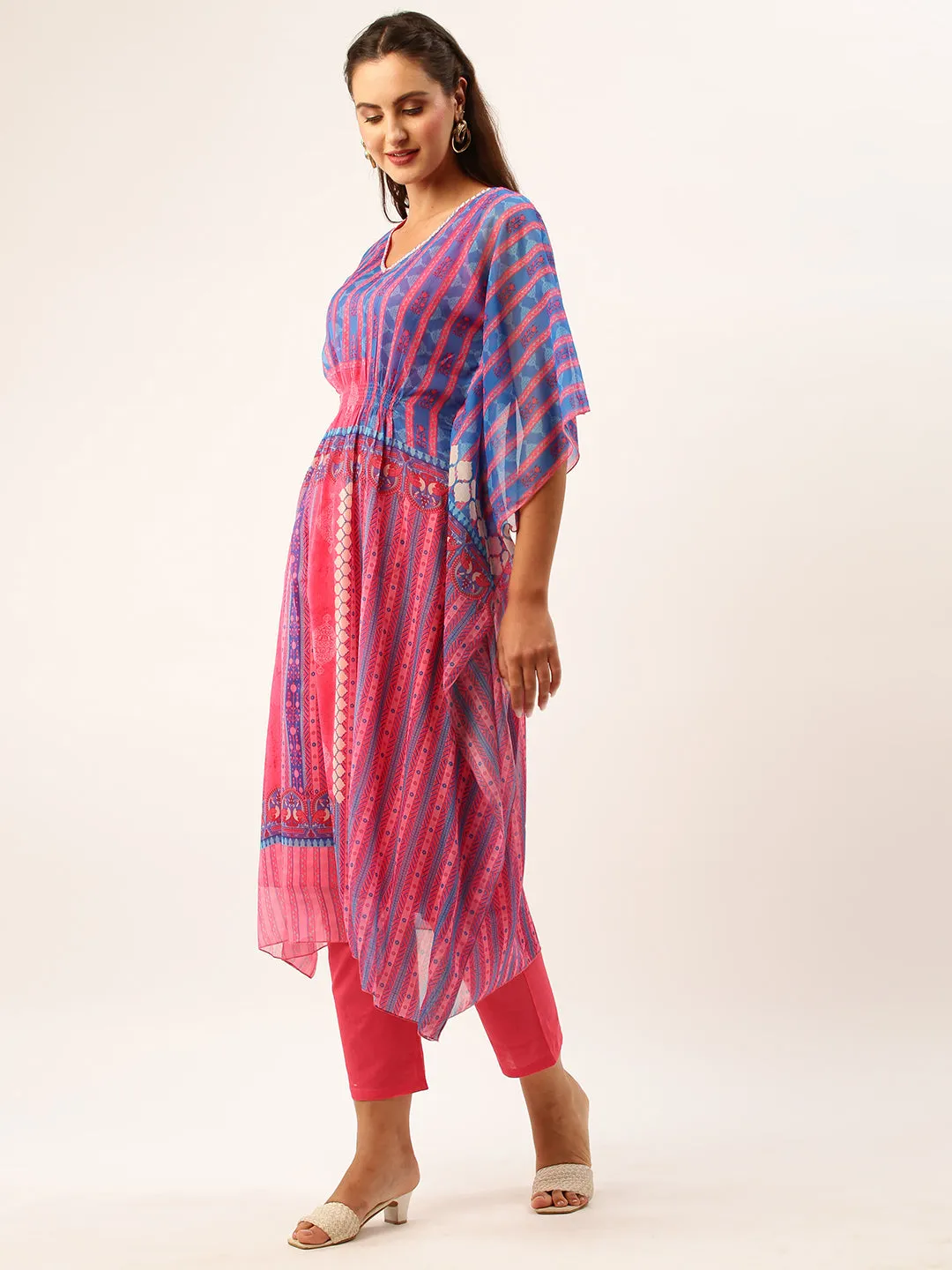 V Neckline Chiffon All over Mixed Prints Blue Loose fit Kaftan set For Women - ZOLA