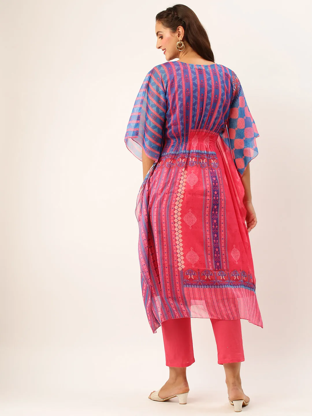 V Neckline Chiffon All over Mixed Prints Blue Loose fit Kaftan set For Women - ZOLA